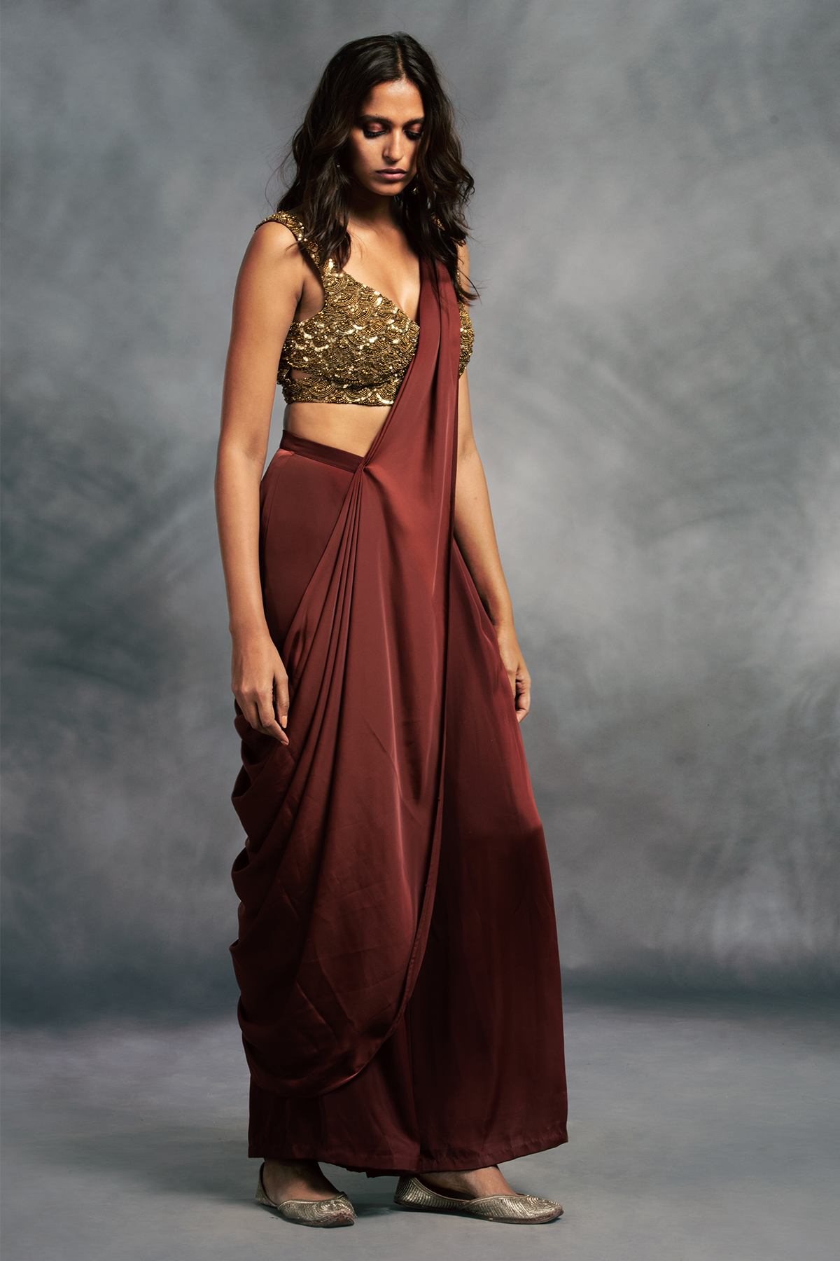 Rust V Neck Scallop Embroidered Blouse With Pant Saree