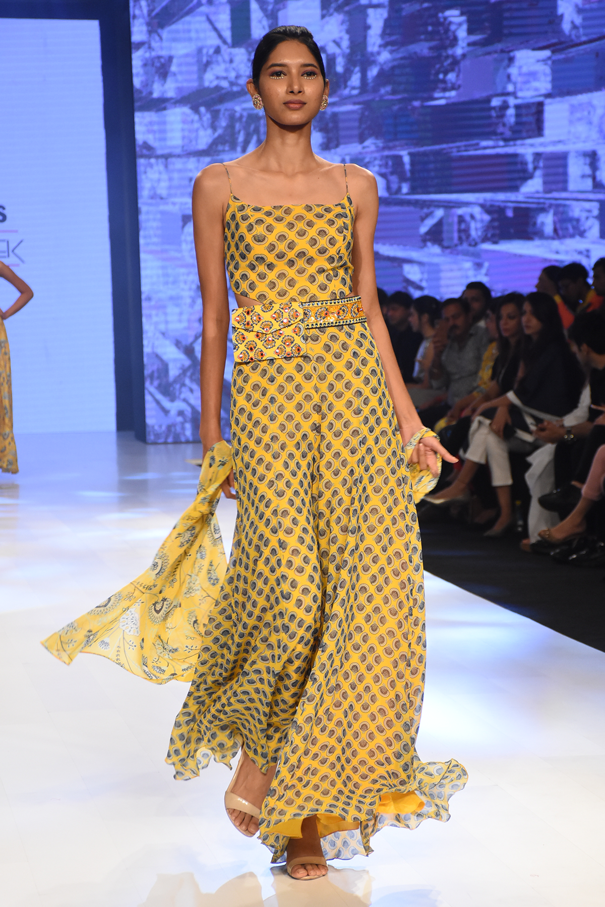 Yellow Butta Printed Spagetti Jumpsuit With Jaal Printed Jacket and Embroidered Bag Belt