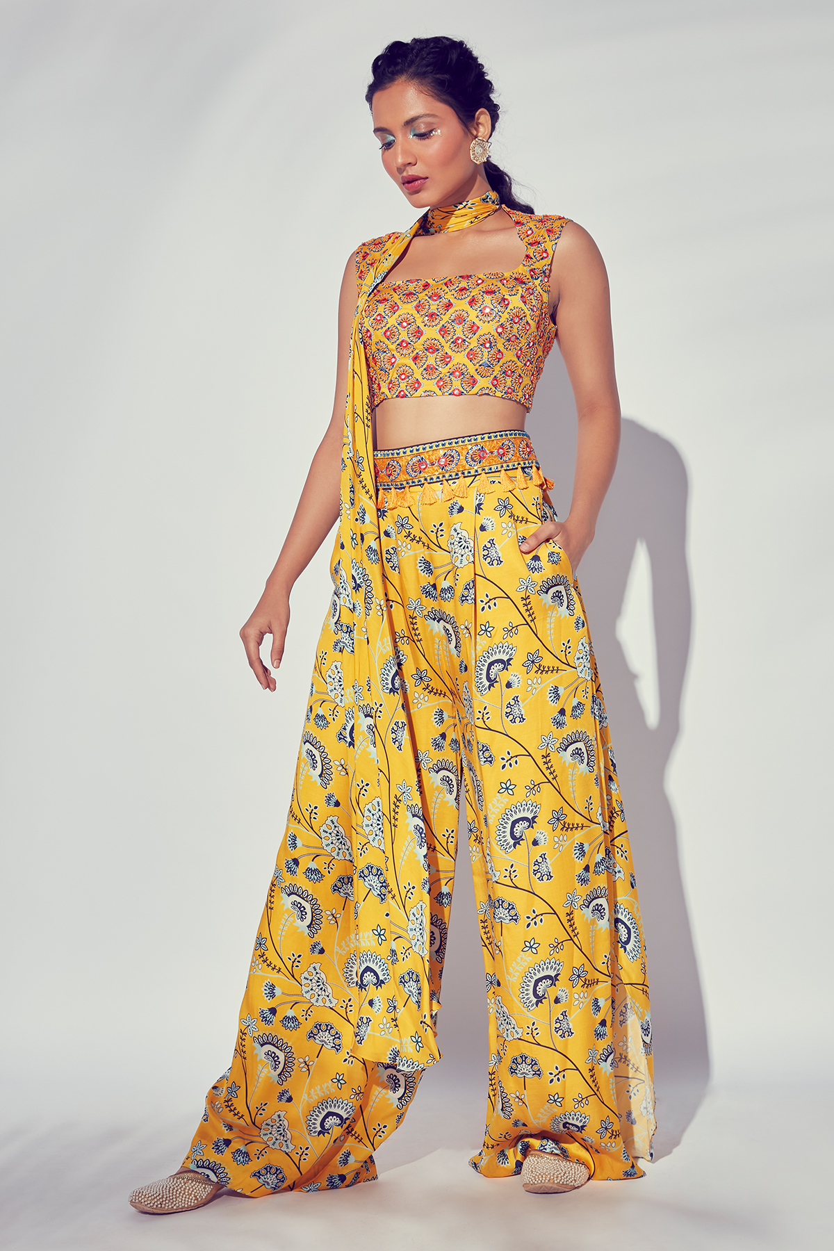 Yellow Jaal Printed Pant Saree With Butta Embroidered Blouse & Embroidered Belt
