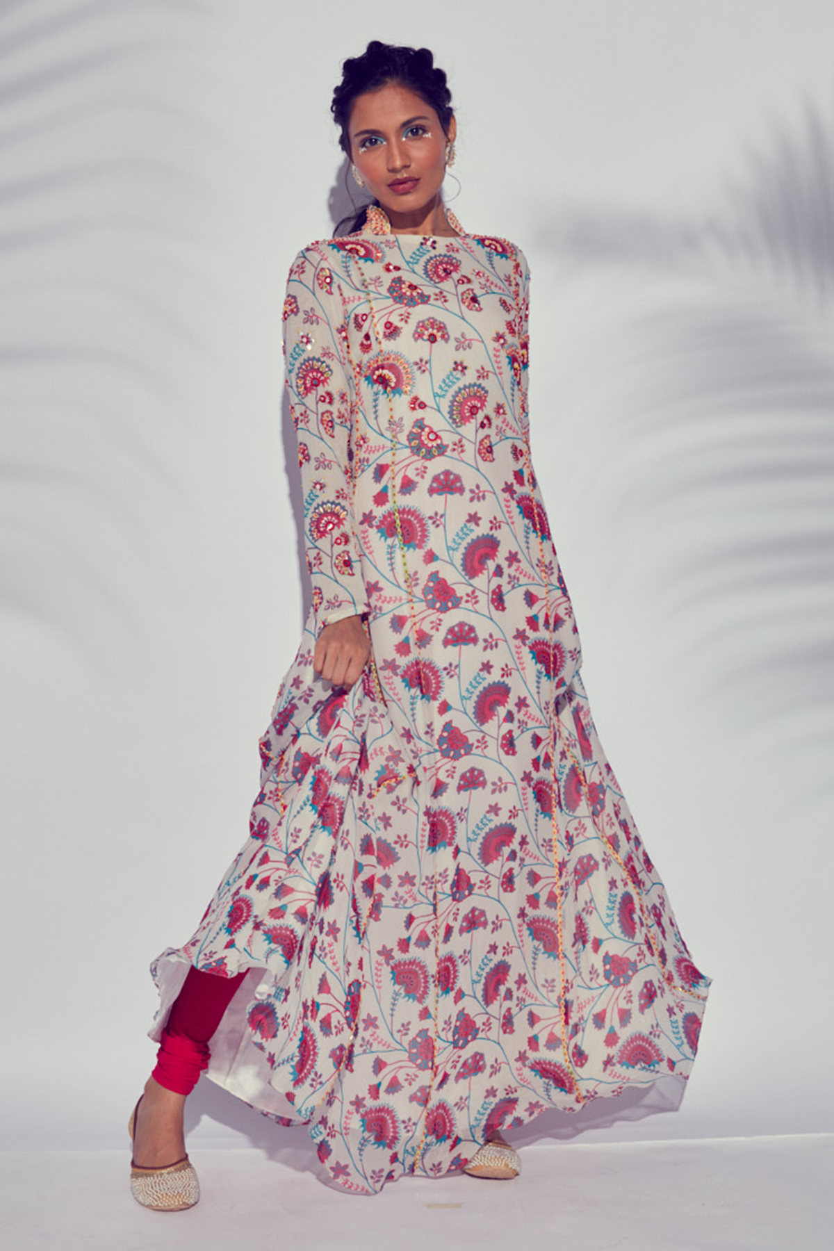 Pink Jaal Printed & Highlighted Long Kurti With Chudidar