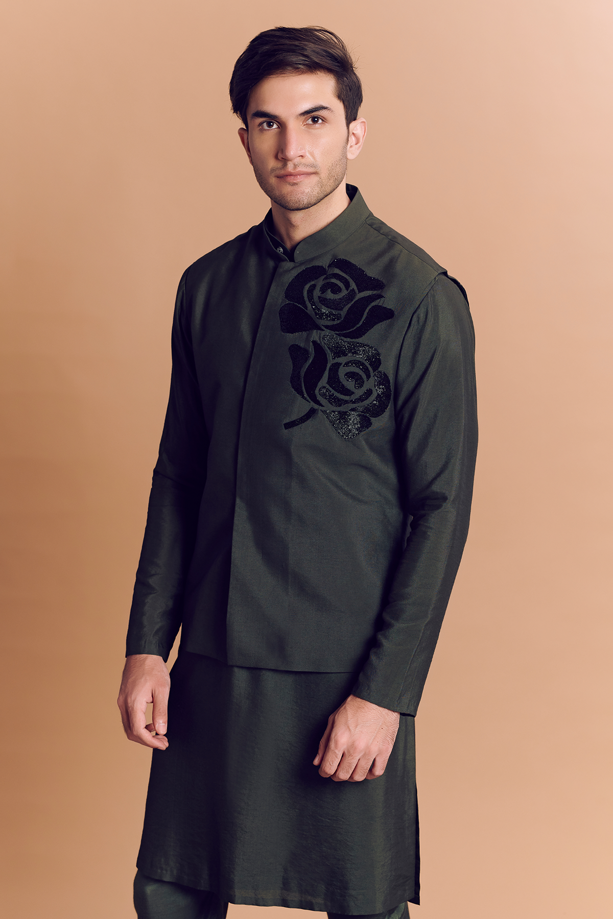 Olive Green Rose Embroidered Kurta & Bundy