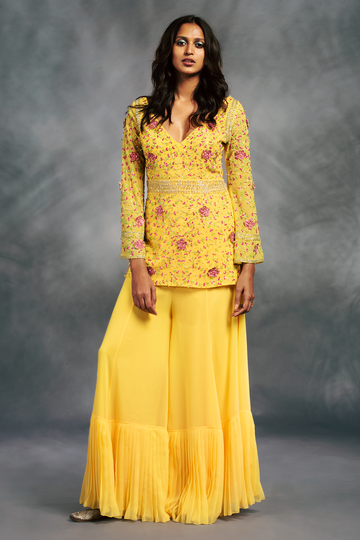 Yellow V Neck 3D Embroidered Short Kurti With Sharara