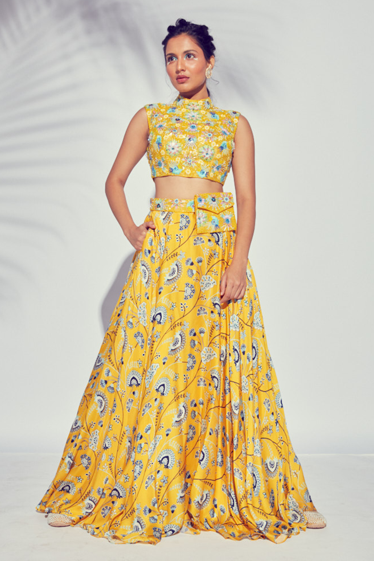Yellow Jaal Printed Lehenga With Blue and Yellow 3D Embroidered Blouse & Bag Belt