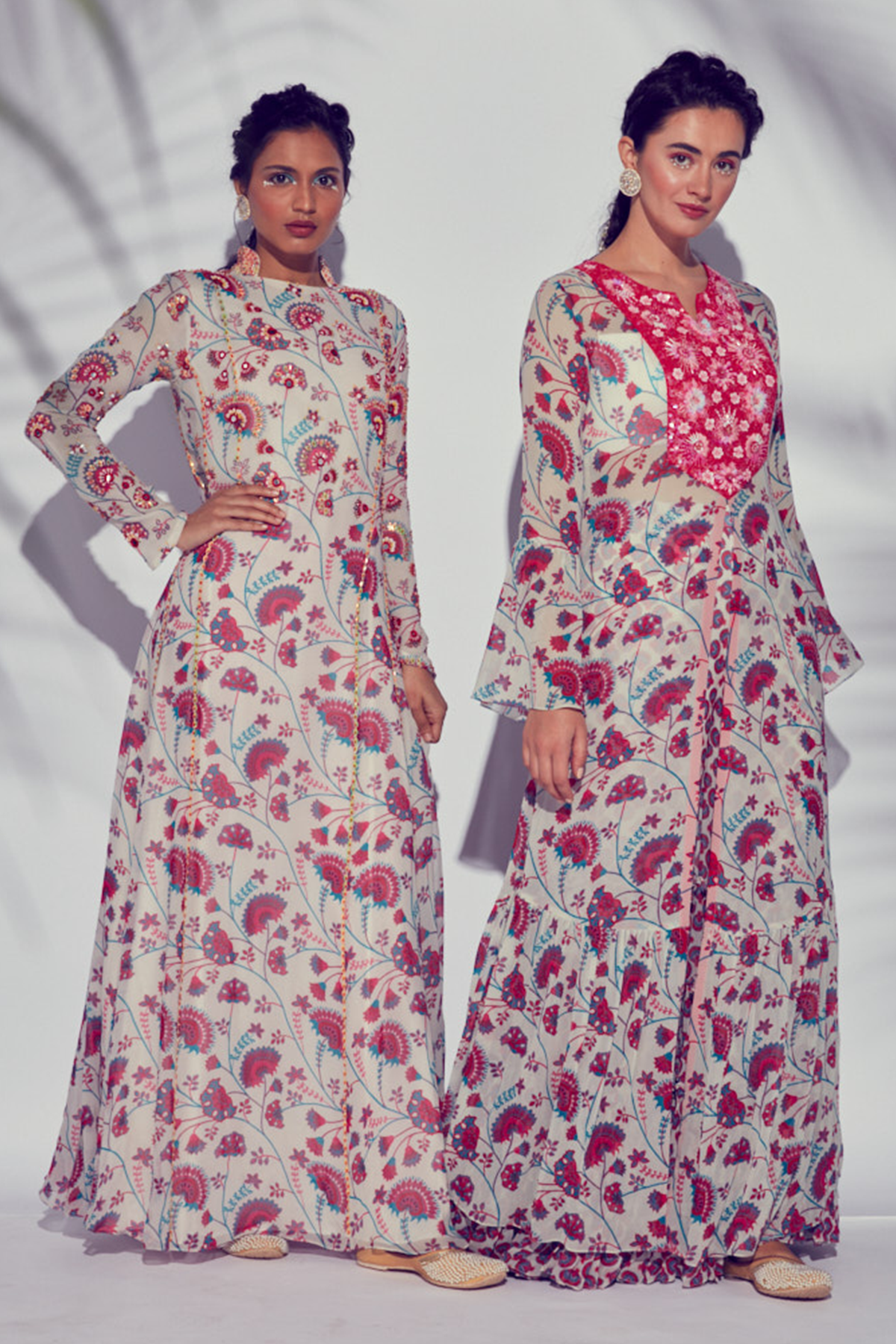 Pink Jaal Printed Kurti With Self On Self 3D Embroidered Yoke & Butta Printed Sharara