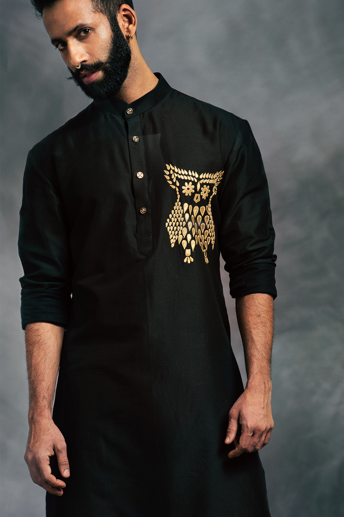 Black Owl Leather Embroidered Kurta