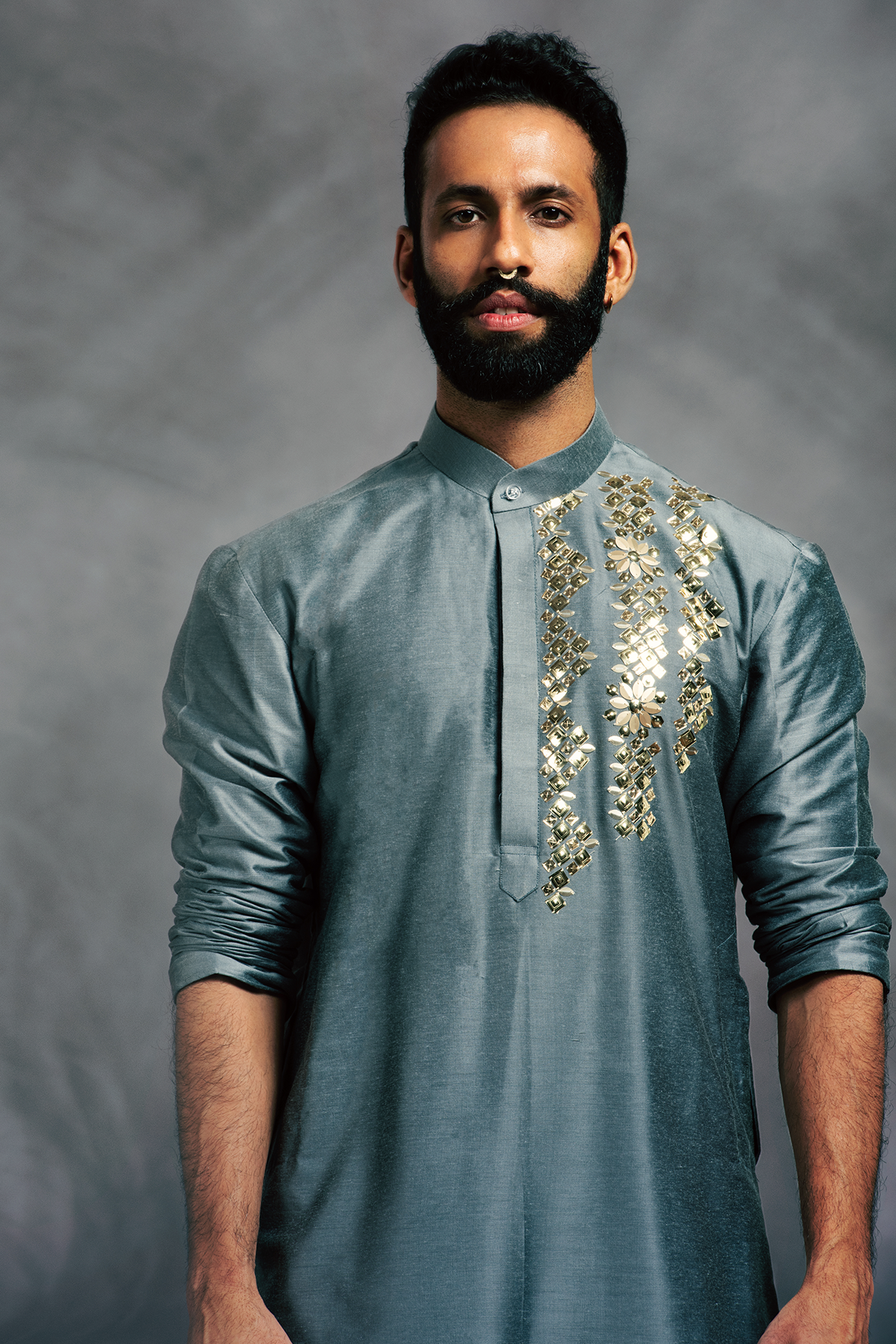 Grey 3D Embroidered Kurta