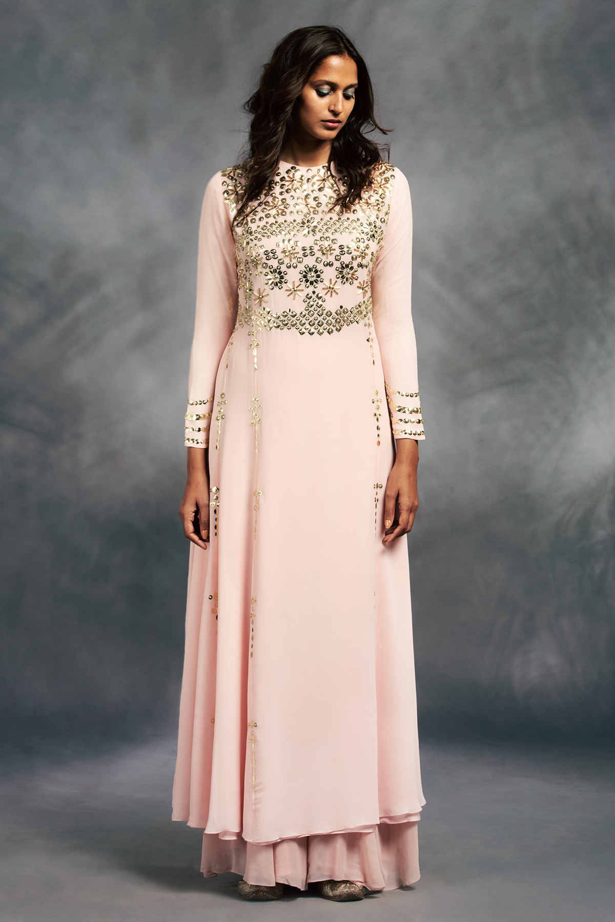 Blush Pink Floral Embroidered Anarkali and Sharara