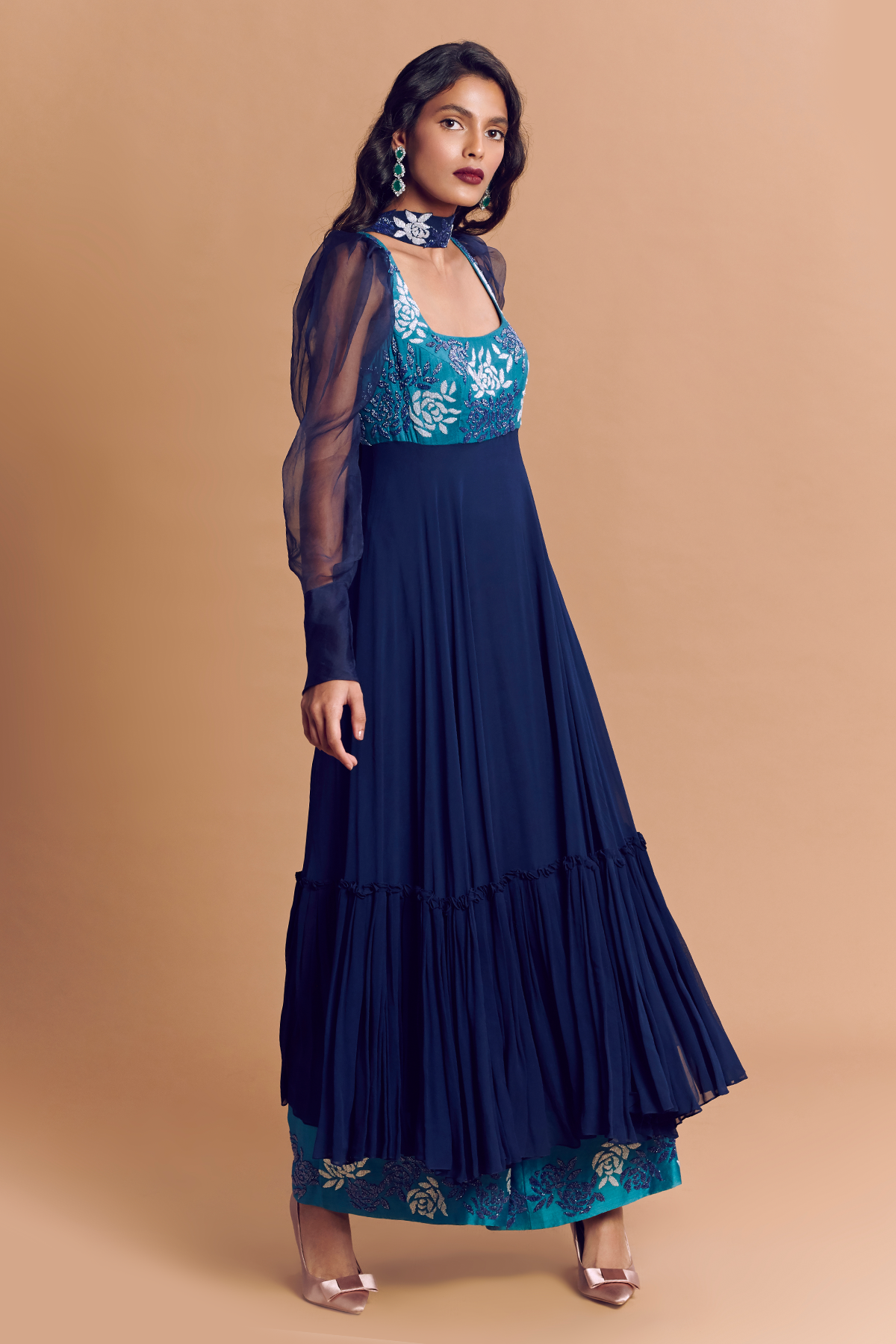 Turquoise Blue Puff Sleeve Rose Embroidered Anarkali With Flared pant & Embroidered Dupatta