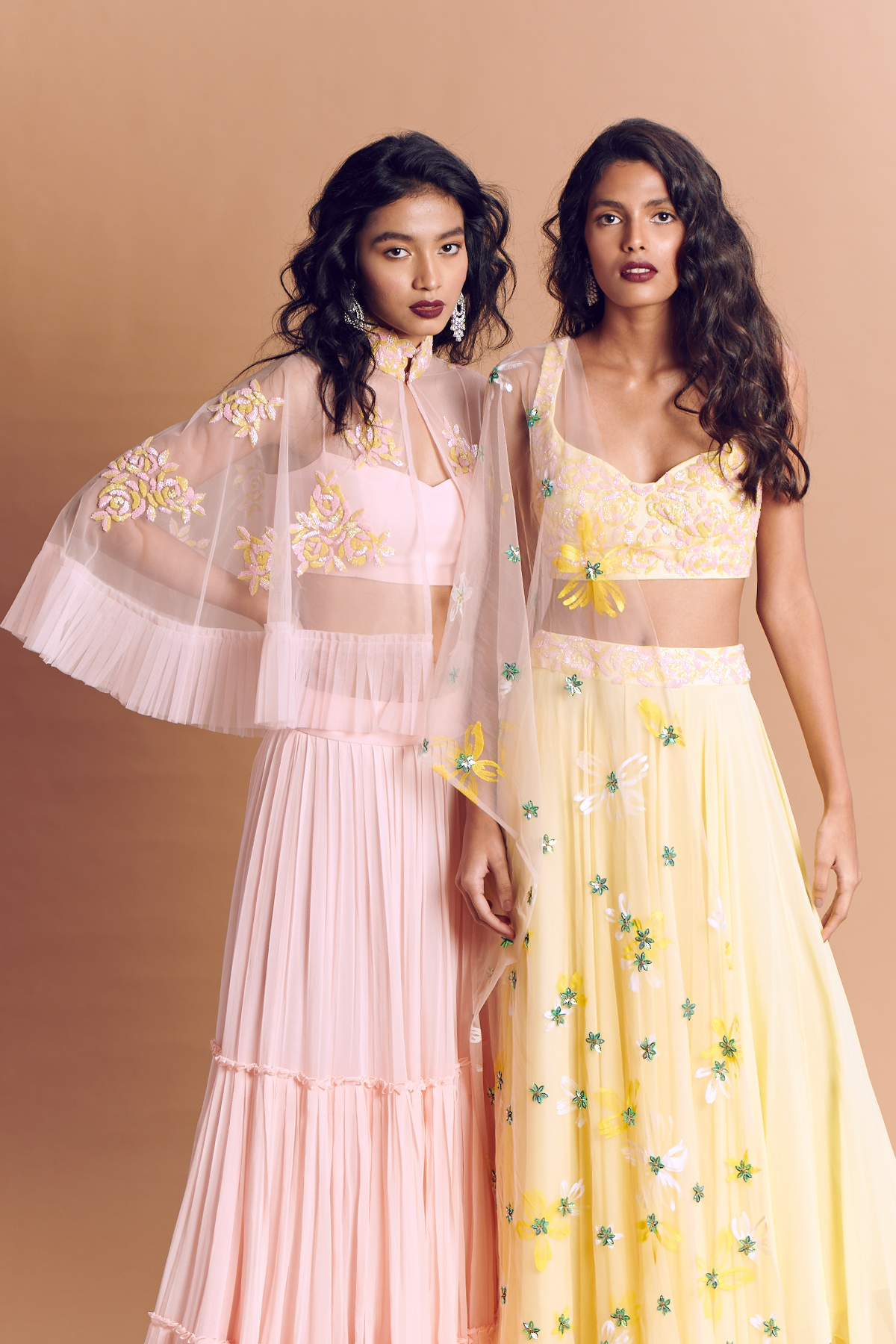 Blush Pink Tiered Skirt & Bustier With Rose Embroidered Tulle Cape