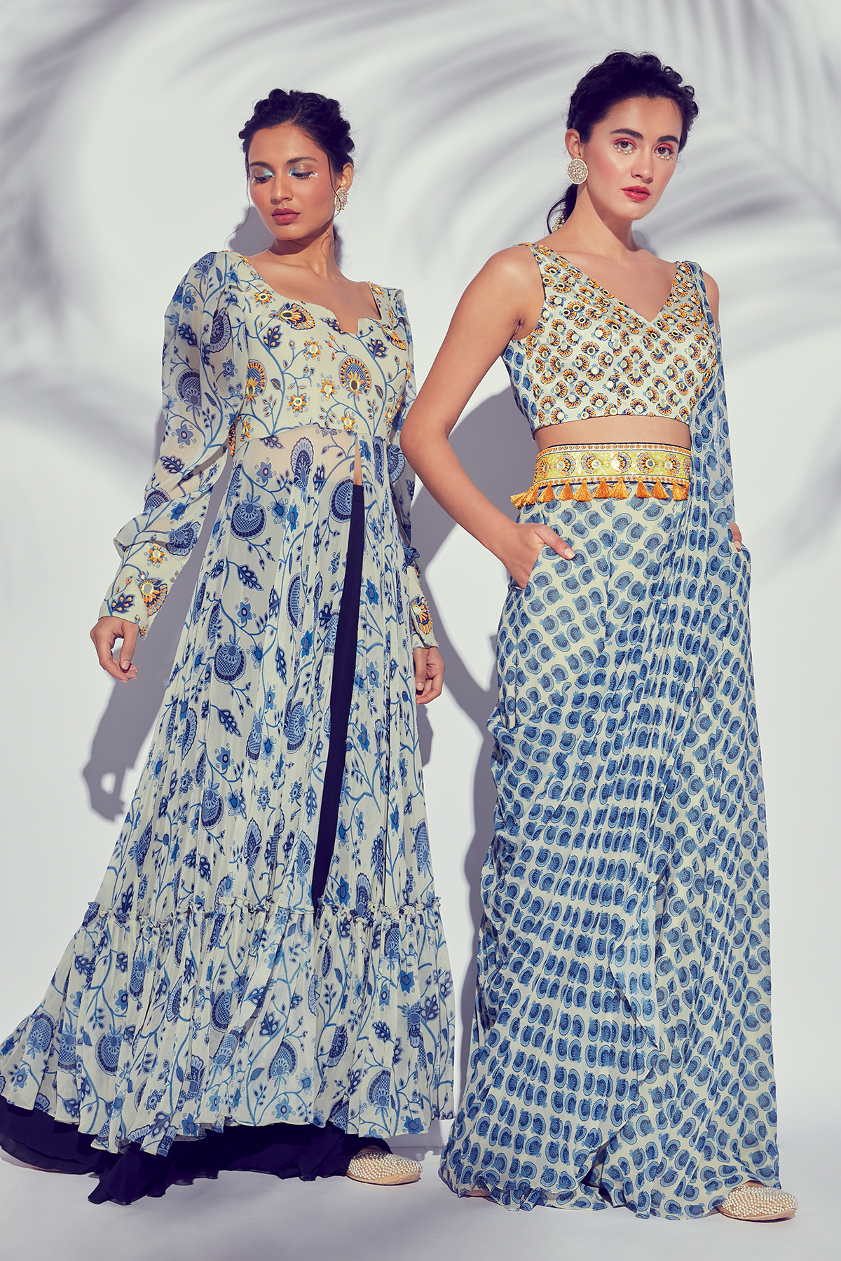 Blue Jaal Printed Slit Embroidered Anarkali With Plain Sharara