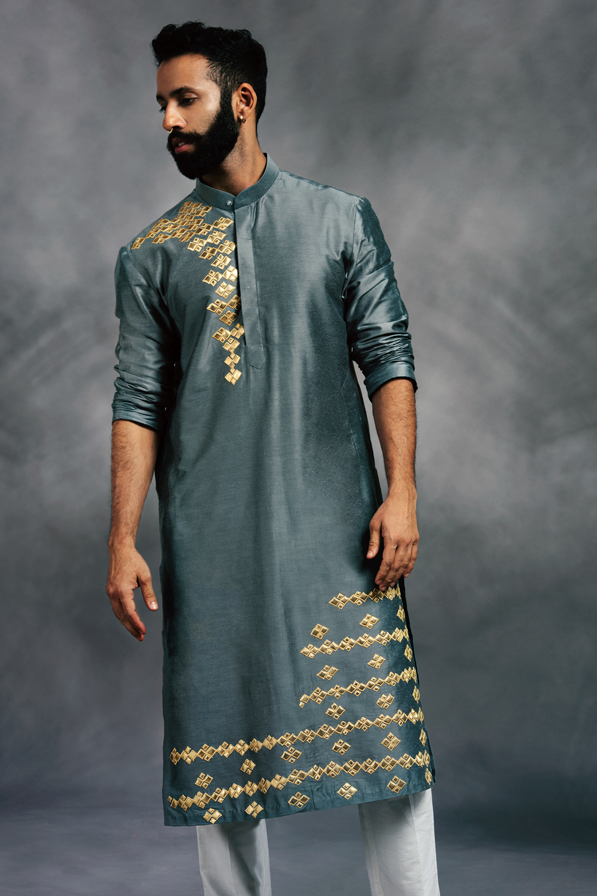 Grey Leather Embroidered Kurta