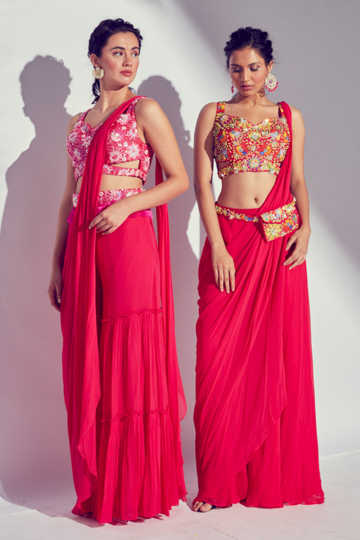 Hot Pink 3D Multicolour Embroidered Cut Out Blouse with Prestiched Sharara Saree & Embroidered Bag Belt
