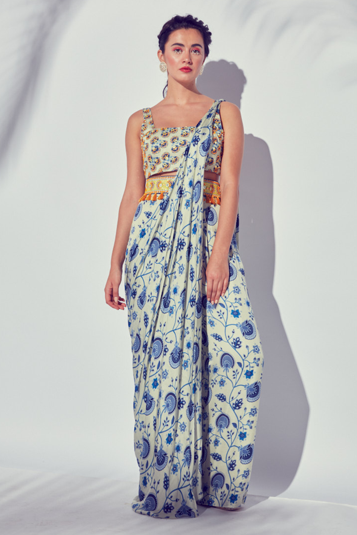 Blue Trigonal Butta Printed & Embroidered Blouse With Jaal Printed Pant Saree & Embroidered Belt