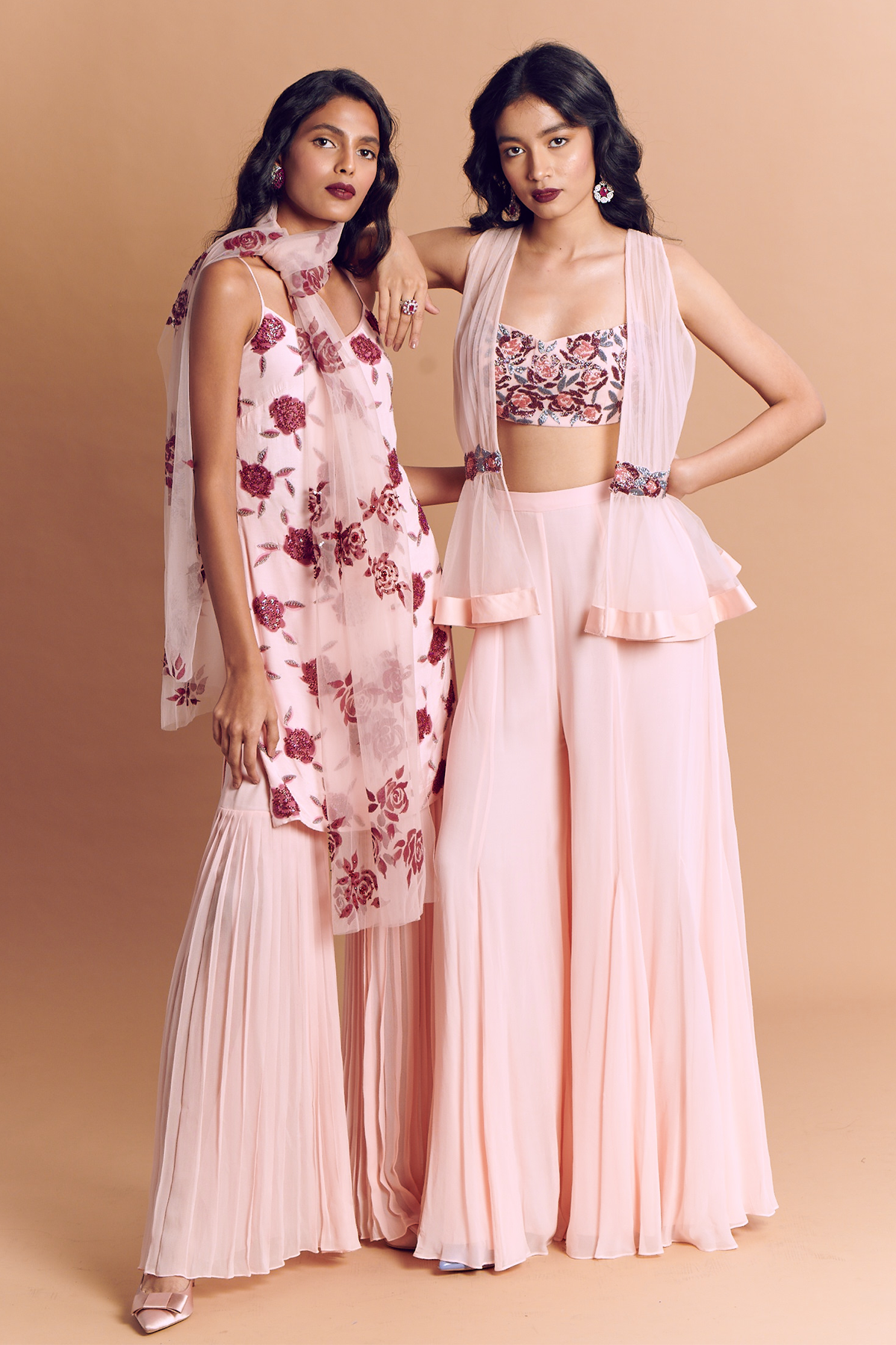 Blush Pink Gather Peplum Jacket & Godet Pants With Rose Embroidered Bustier