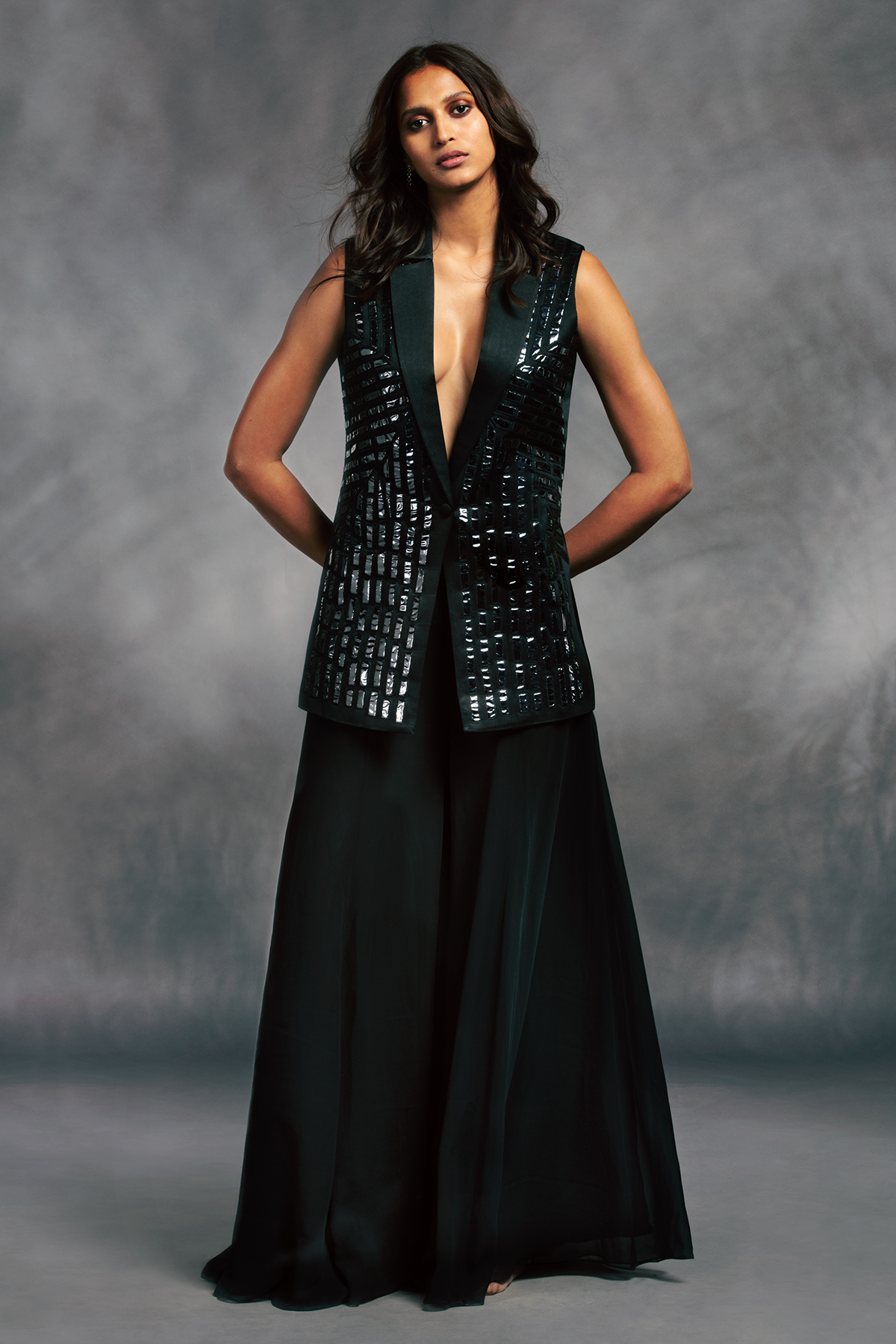 Black Acrylic Embroidered Sleeveless Blazer With Bustier & Sharara