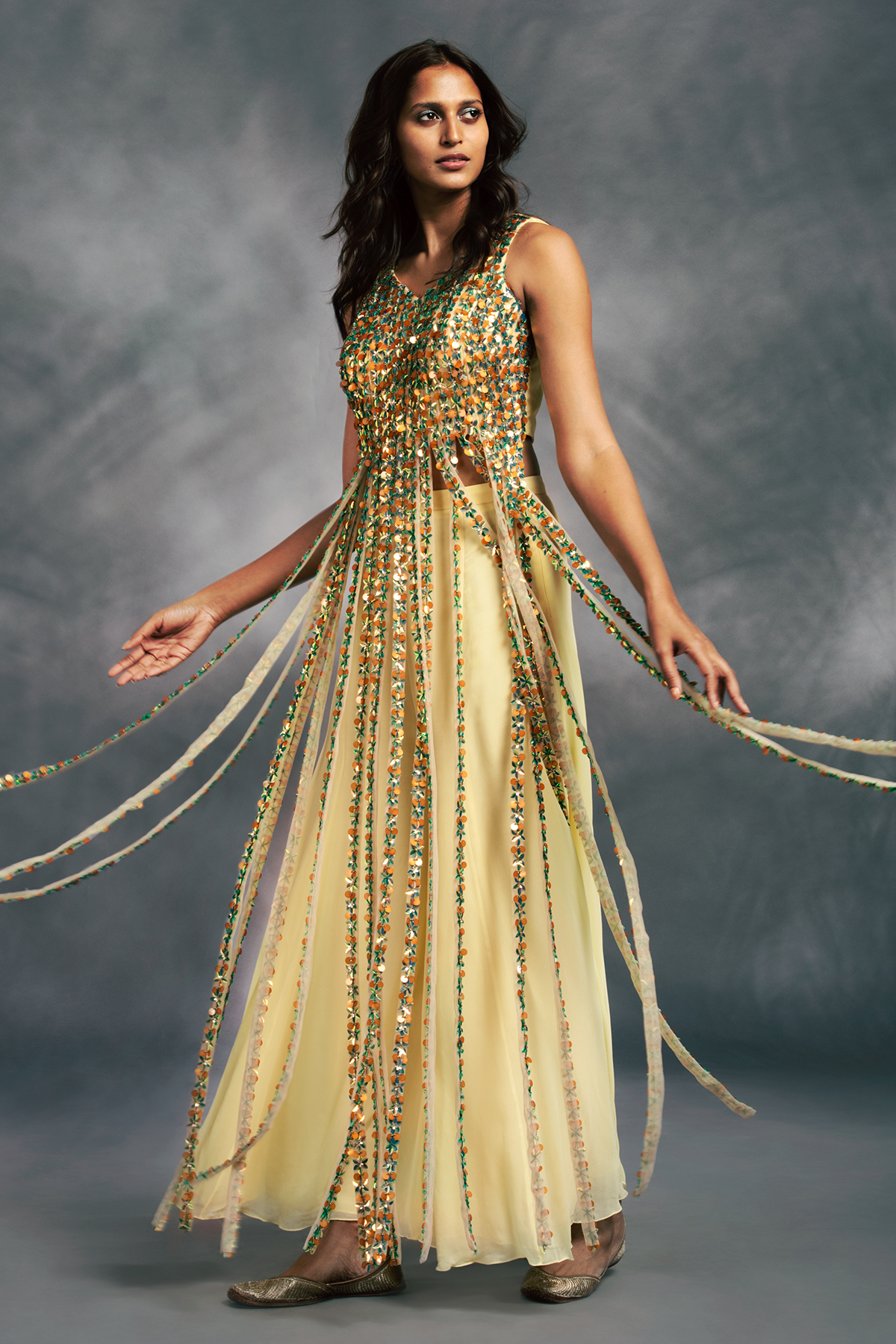Yellow V Neck Long Tassel Embroidered Kurti With Sharara