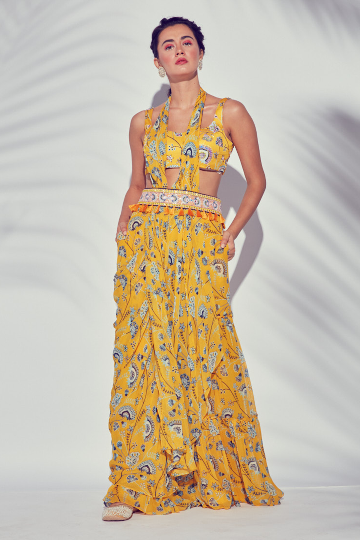 YELLOW JAAL PRINTED TIERED GHARARA PANTS SAREE & BLOUSE WITH EMBROIDERED TASSEL BELT