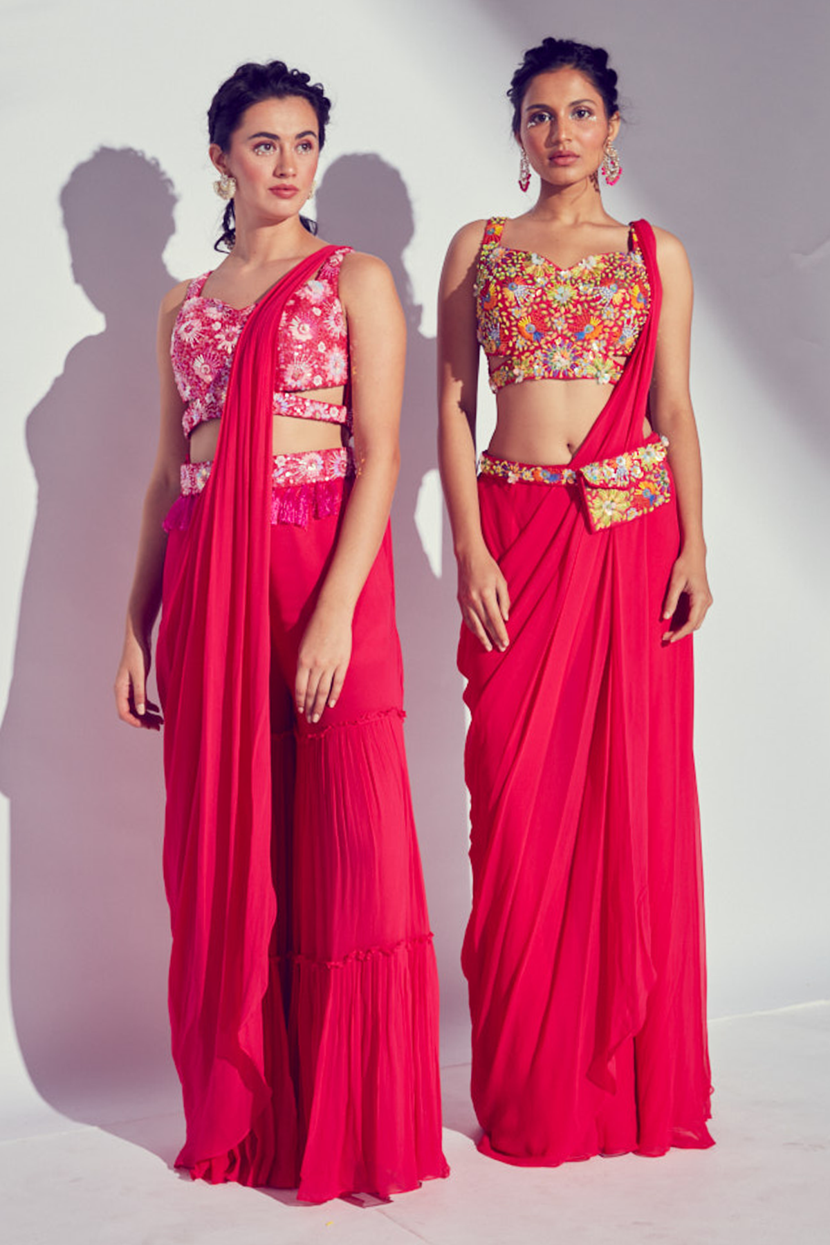 HOT PINK 3D SELF ON SELF EMBROIDERED CUT OUT BLOUSE WITH PRESTICHED TIERED PANTS SAREE & EMBROIDERED TASSEL BELT