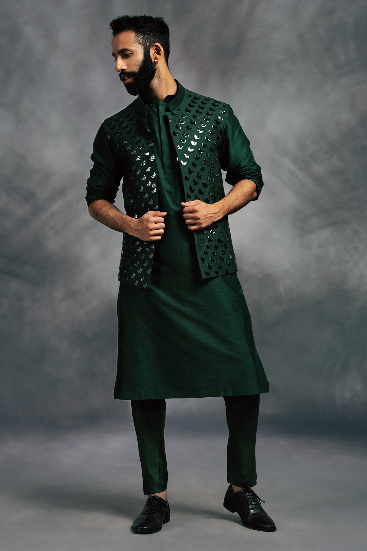 Olive Green Acrylic Embroidered Kurta With Bundy