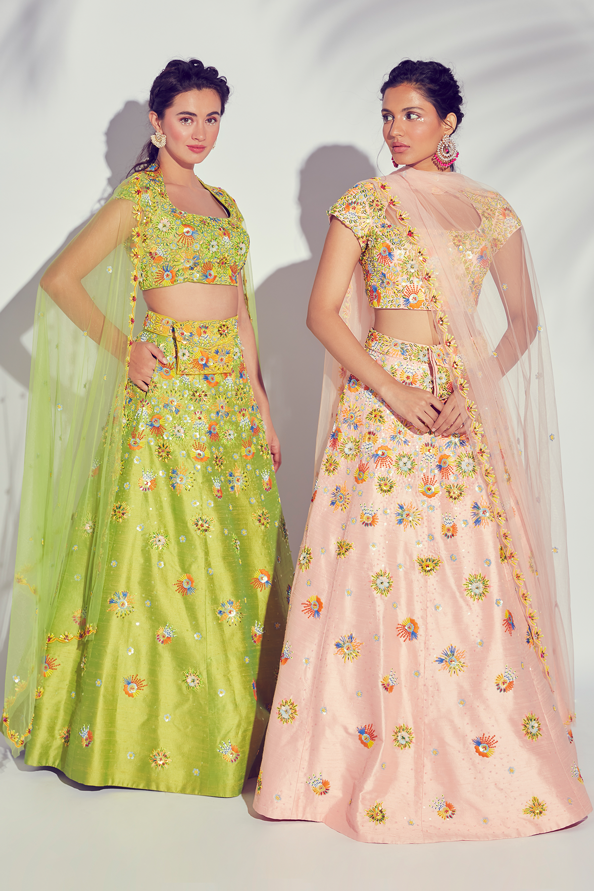 Lime Green 3D Embroidered Multicolour Lehenga Set With Embroidered Dupatta & Embroidered Bag Belt