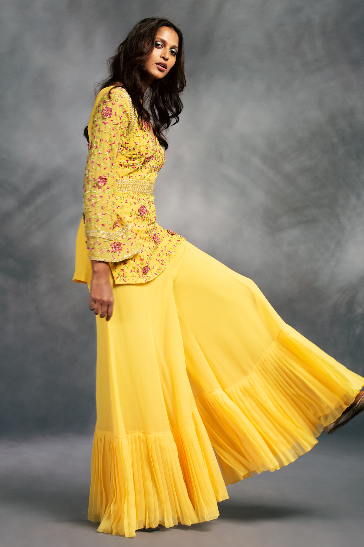 Yellow V Neck 3D Embroidered Short Kurti With Sharara