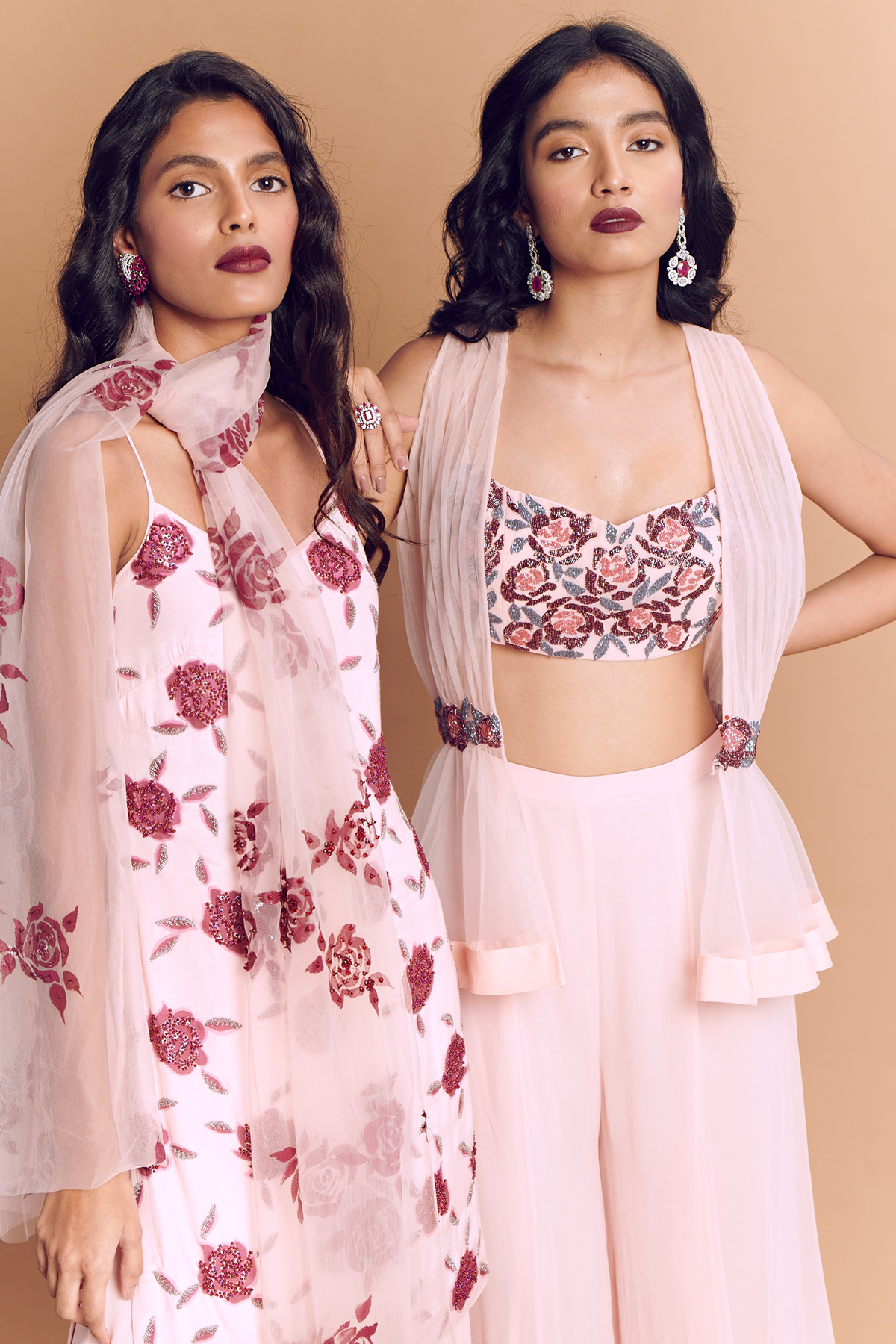 Blush Pink Gather Peplum Jacket & Godet Pants With Rose Embroidered Bustier