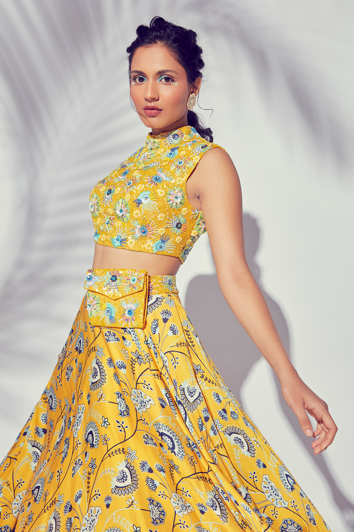 Yellow Jaal Printed Lehenga With Blue and Yellow 3D Embroidered Blouse & Bag Belt