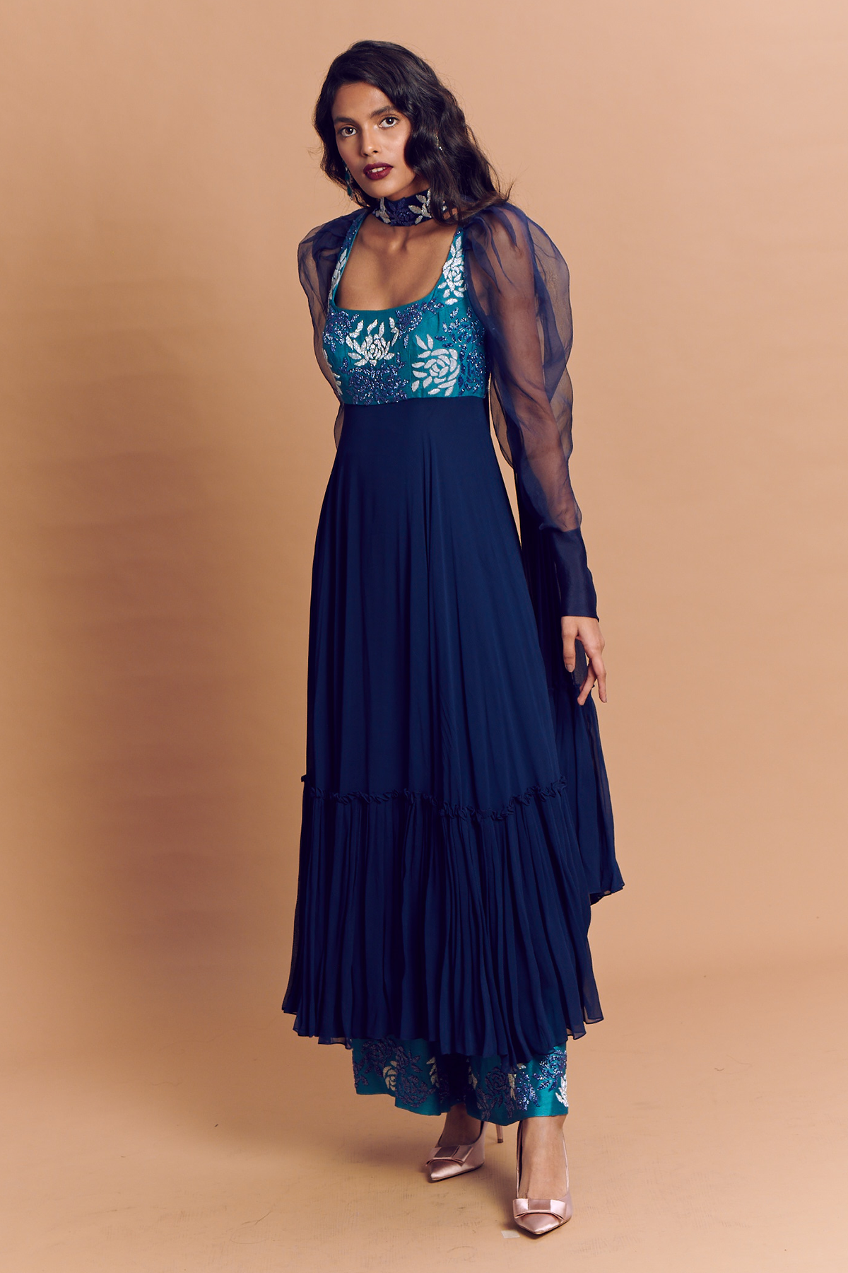 Turquoise Blue Puff Sleeve Rose Embroidered Anarkali With Flared pant & Embroidered Dupatta