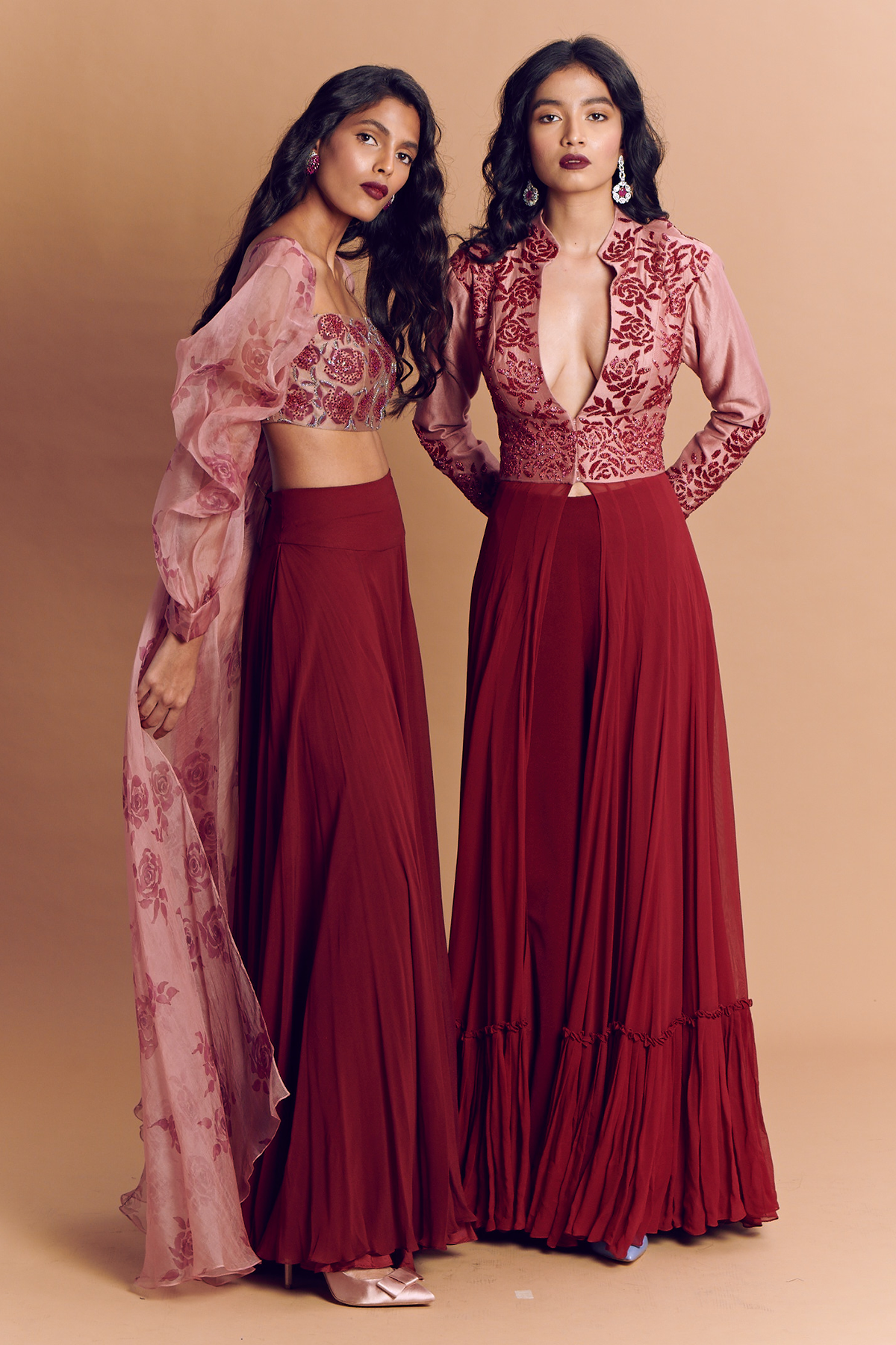 Maroon Rosette Embroidered Anarkali With Pant