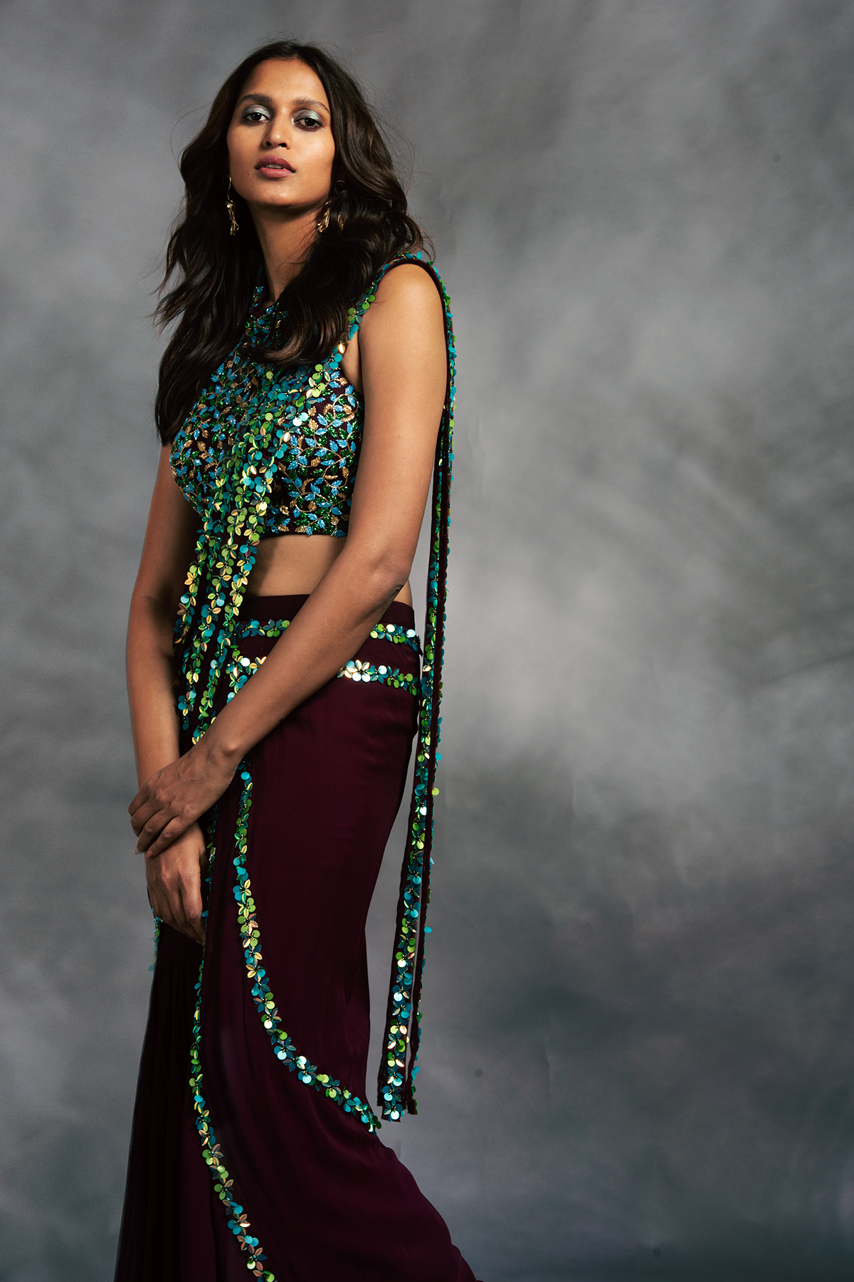 Maroon Garara Saree With Highneck Leaf Embroidered Blouse