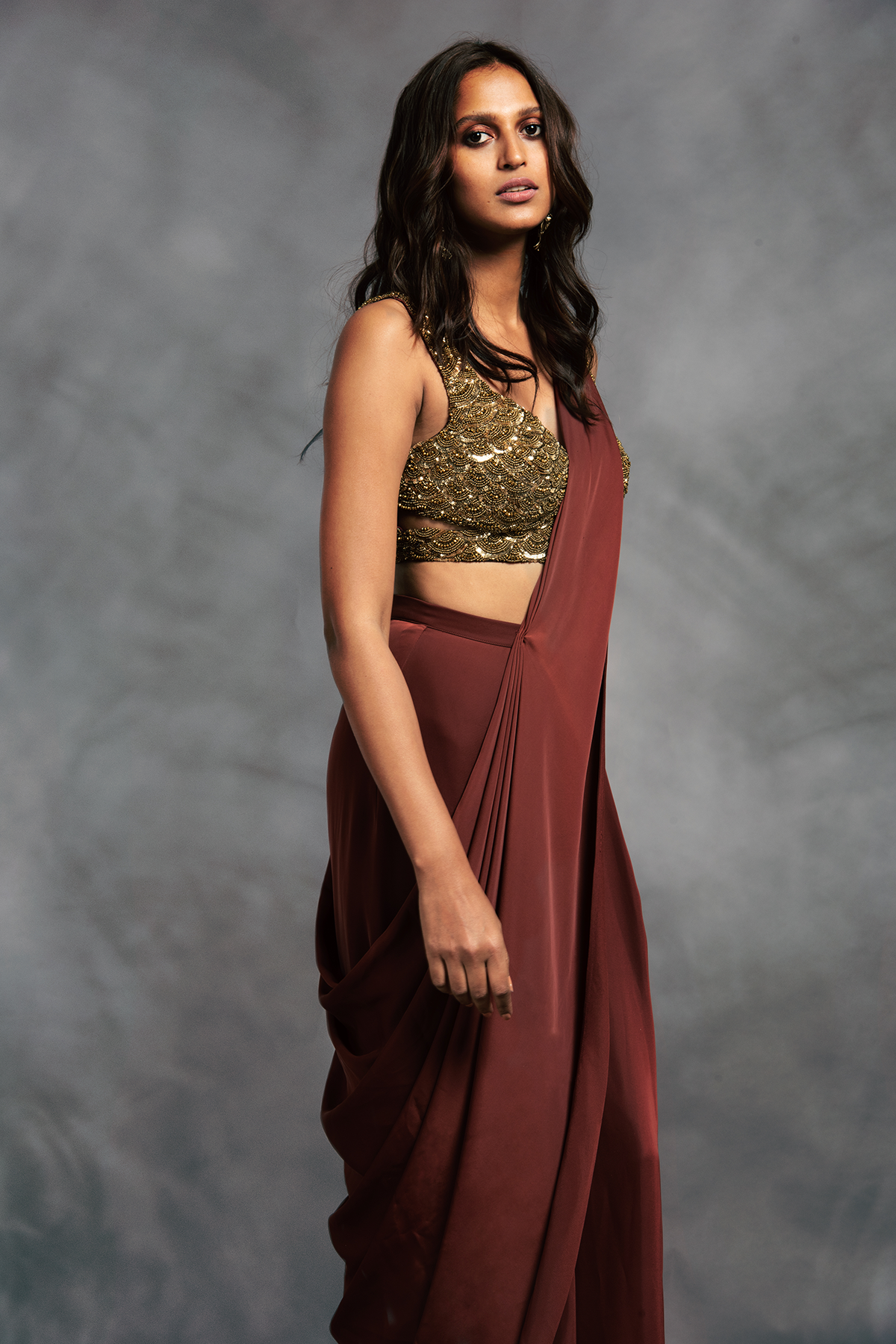 Rust V Neck Scallop Embroidered Blouse With Pant Saree