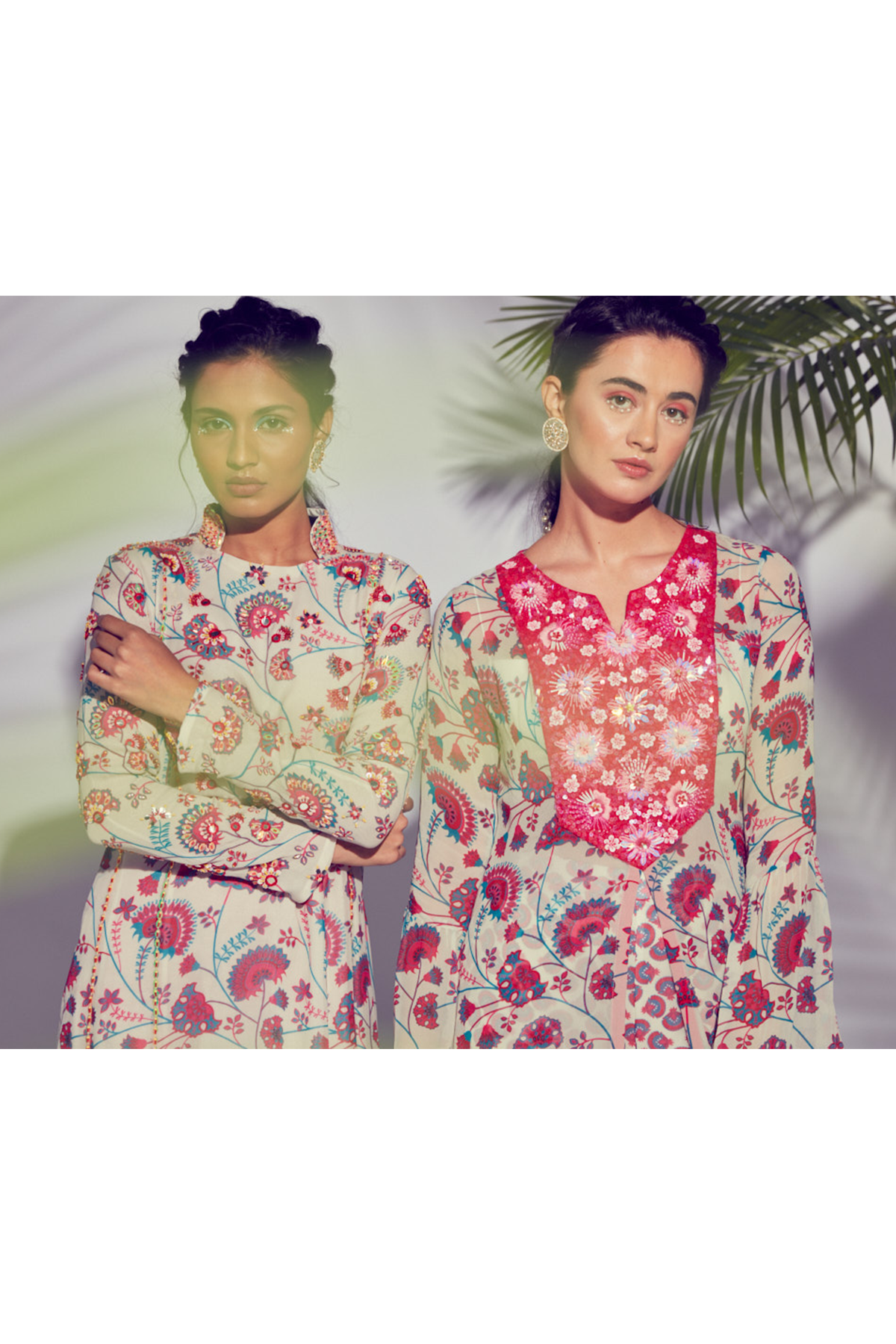 Pink Jaal Printed Kurti With Self On Self 3D Embroidered Yoke & Butta Printed Sharara