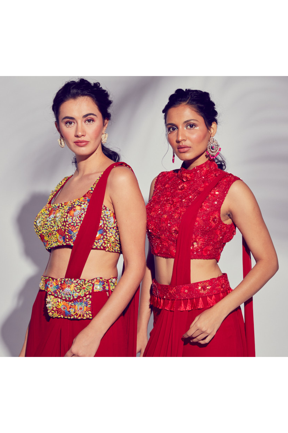 Red Prestitched Sharara Saree with 3D Embroidered Blouse & Embroidered Bag Belt