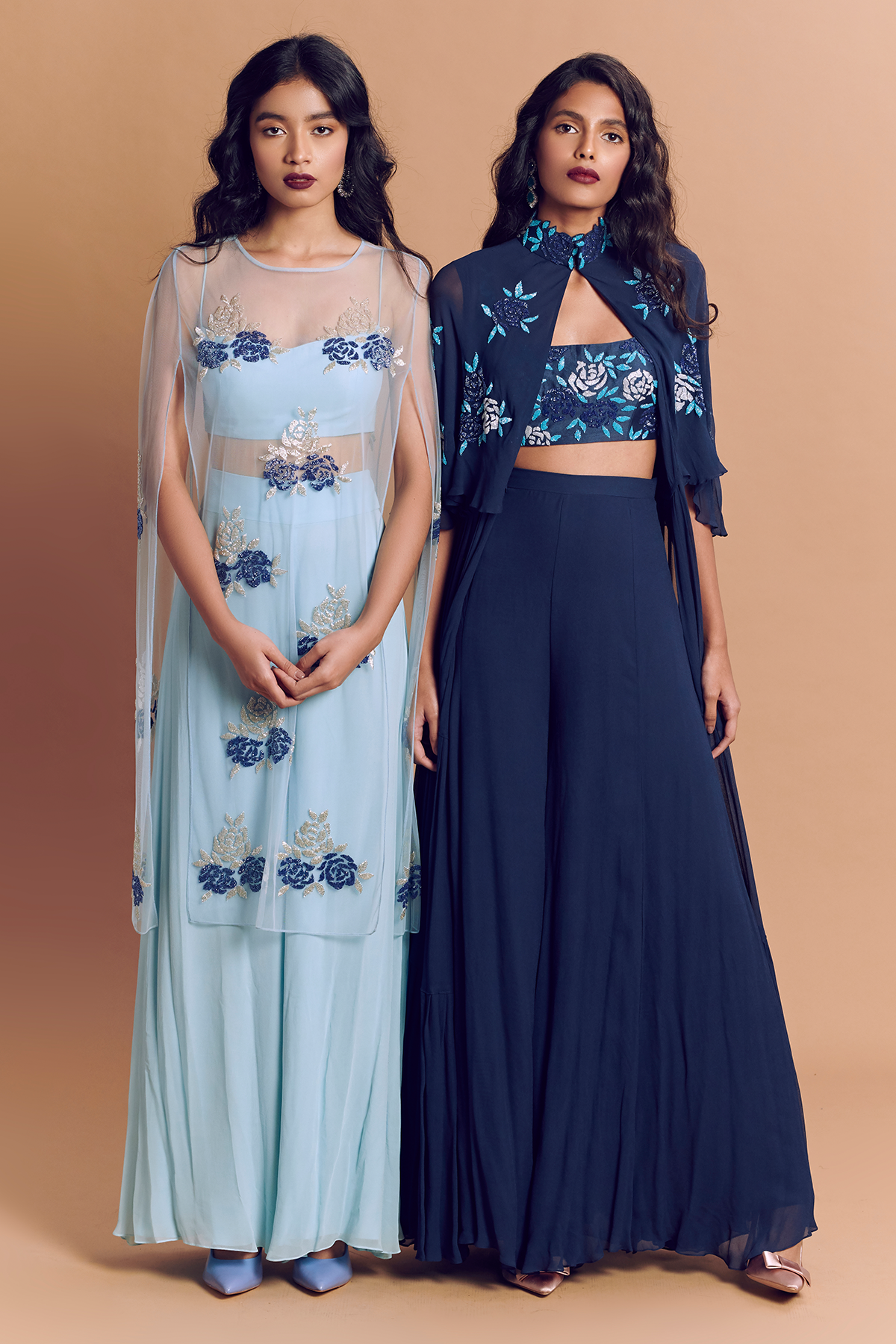 Navy Blue Rose Embroidered Bralet With Godet Pant And Rose Embroidered Tiered Jacket