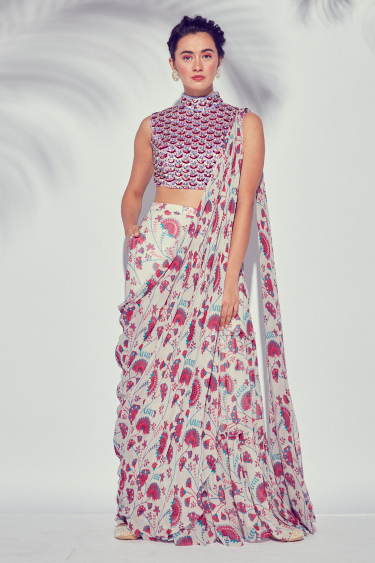 PINK HIGH NECK SCALLOP MIX MEDIA EMBROIDERED BLOUSE WITH TIERED JAAL PRINTED GHARARA PANTS SAREE