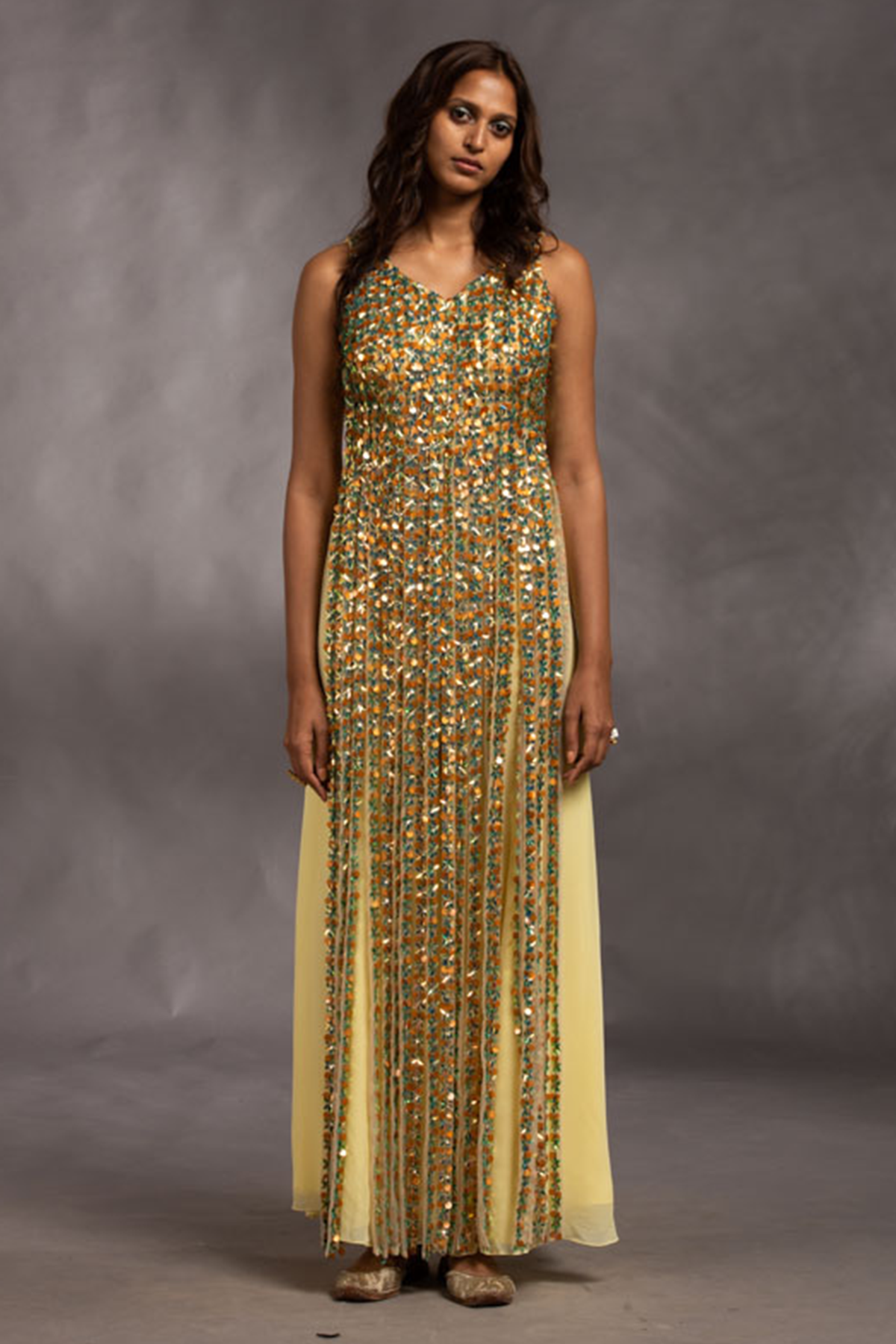 Yellow V Neck Long Tassel Embroidered Kurti With Sharara