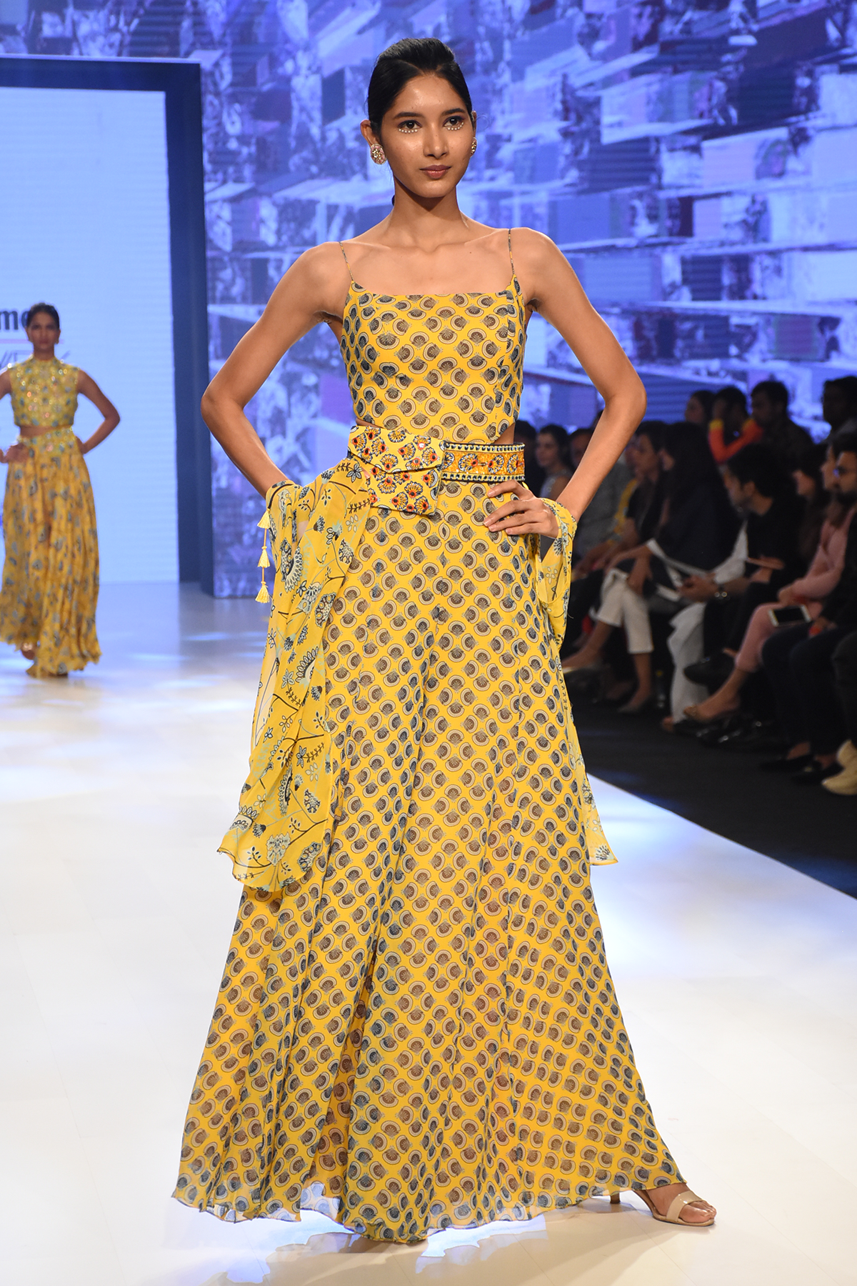 Yellow Butta Printed Spagetti Jumpsuit With Jaal Printed Jacket and Embroidered Bag Belt