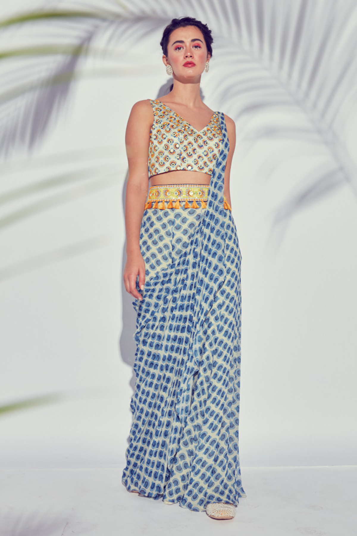 Blue Printed Butta Sharara Saree With V Neck Butta Embroidered Blouse & Embroidered Tassel Belt