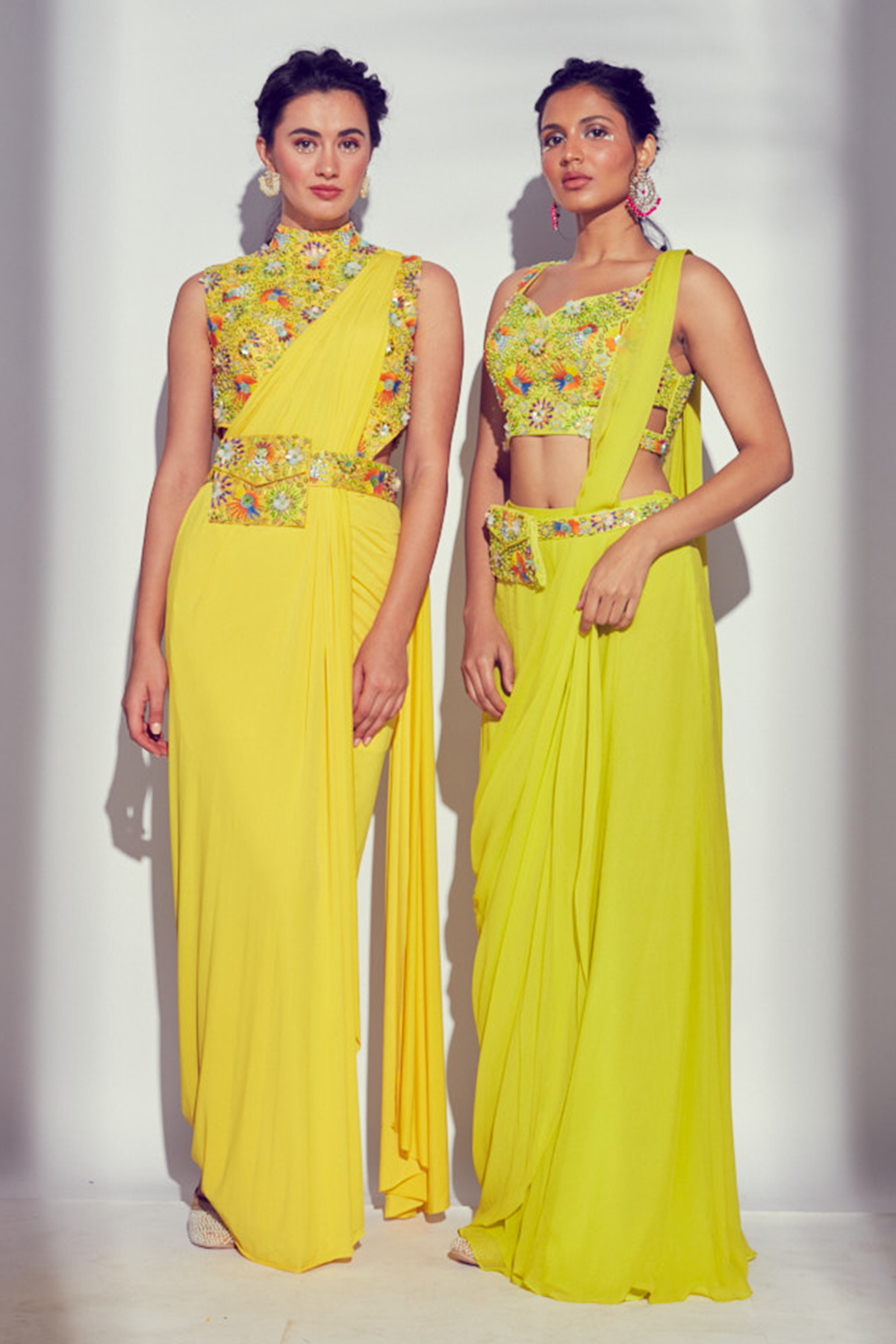 YELLOW 3D MULTICOLOUR EMBROIDERED PRESTICHED LYCRA SKIRT SAREE WITH EMBROIDERED BAG BELT