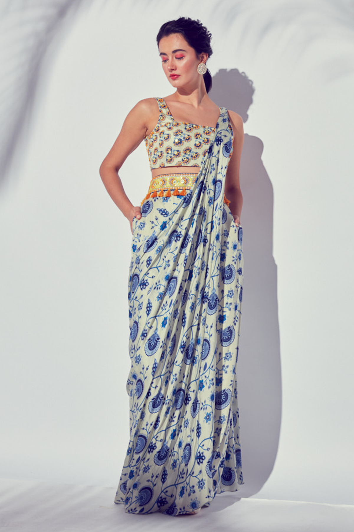 Blue Trigonal Butta Printed & Embroidered Blouse With Jaal Printed Pant Saree & Embroidered Belt