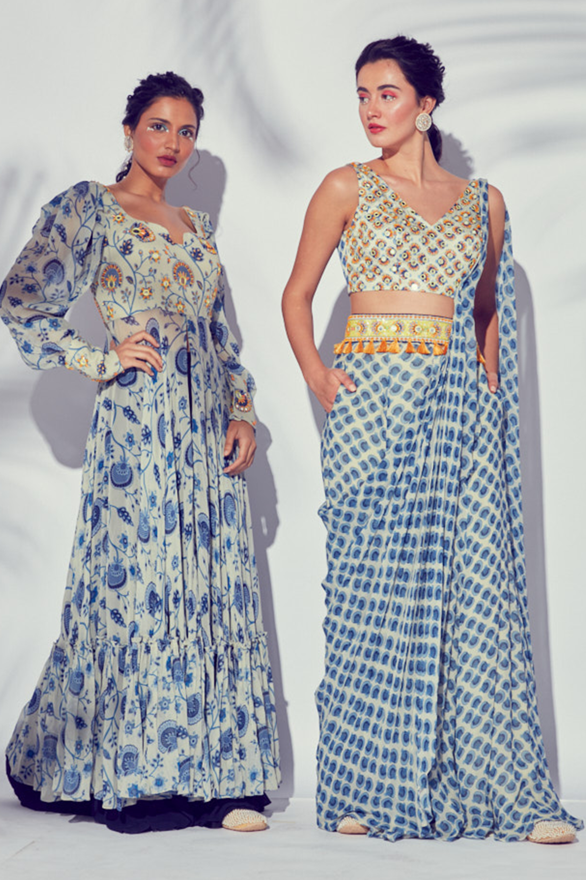 Blue Jaal Printed Slit Embroidered Anarkali With Plain Sharara