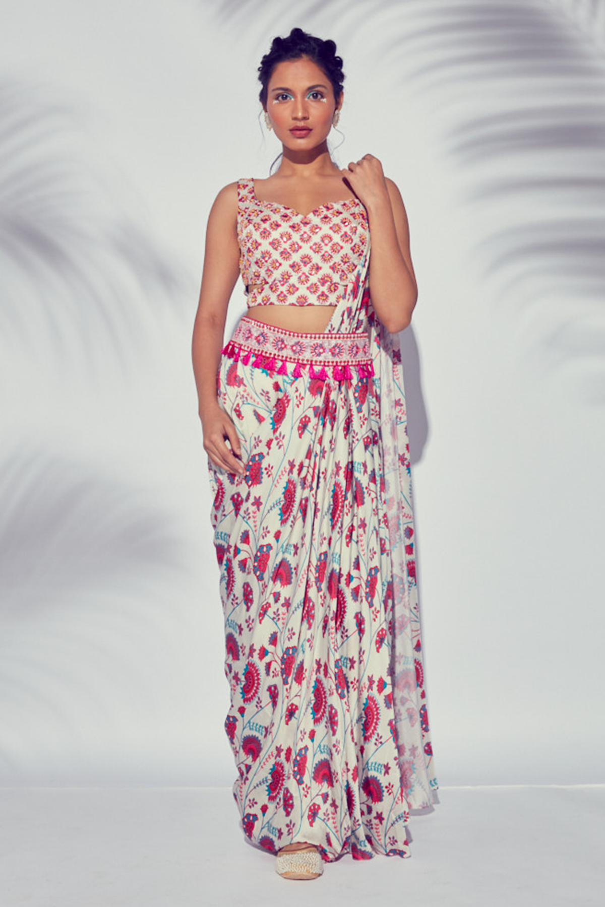 Pink Jaal Printed Pant Saree With Butta Embroidered Blouse & Embroidered Tassel Belt