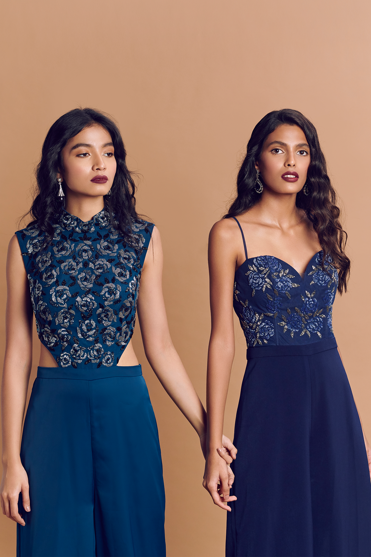 Navy Blue Rose Embroidered Spaghetti Corset Jumpsuit