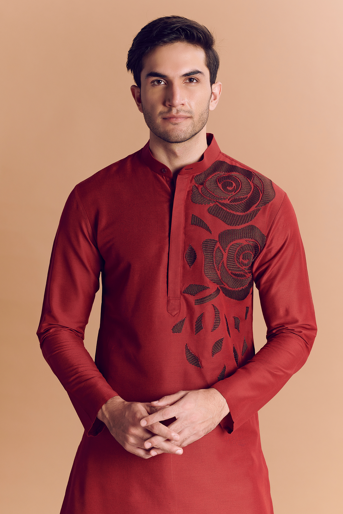Red Kurta With Rose Embroidery