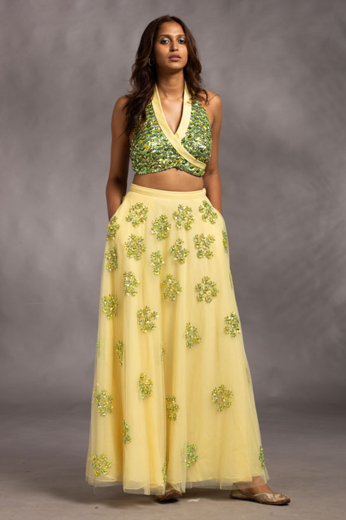 Yellow Floral Embroidered Lehenga With Shawl Collar Embroidered Blouse