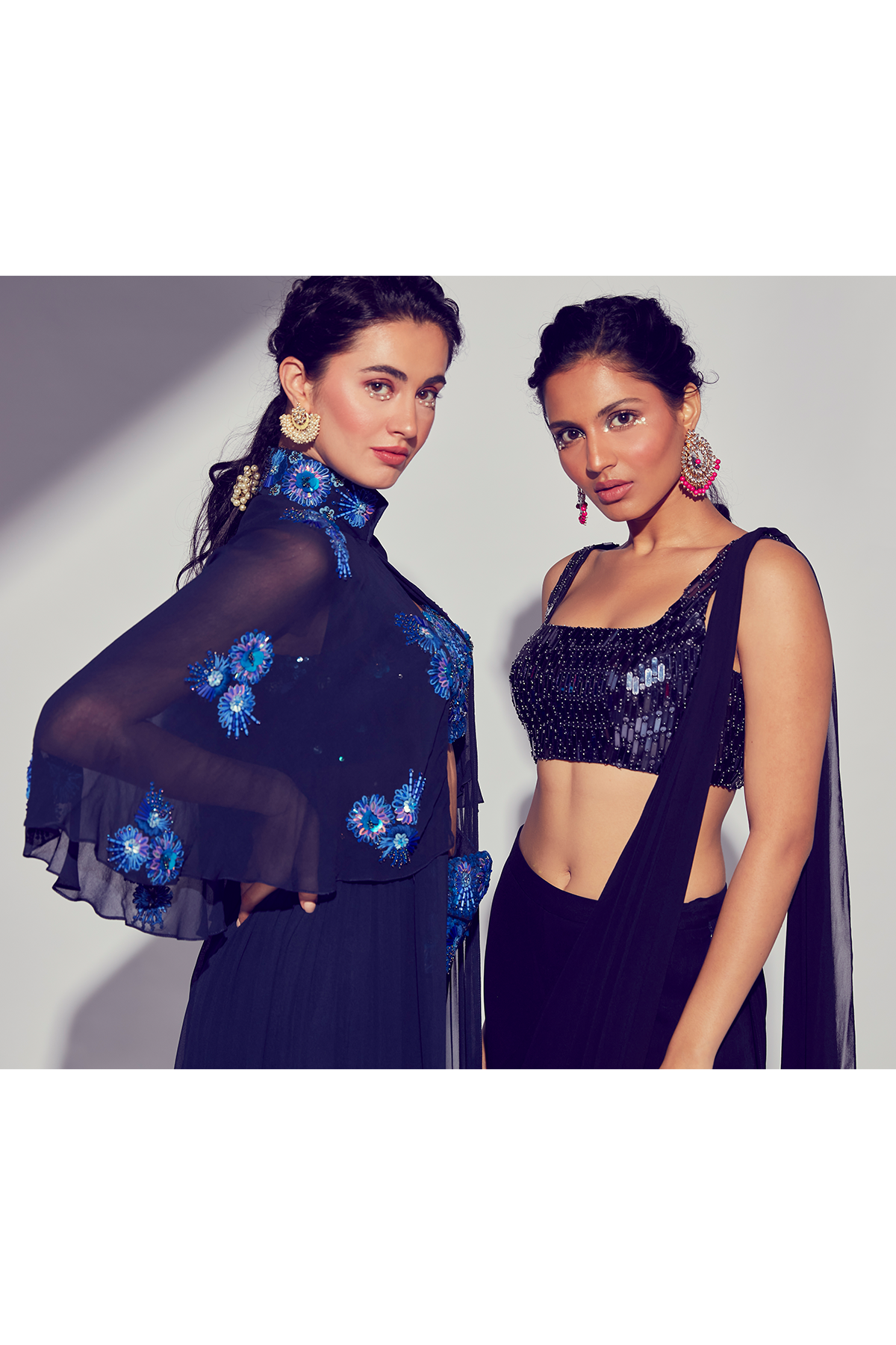 Navy Blue 3D Embroidered Self on Self Tiered Cape With Embroidered Blouse & Sharara