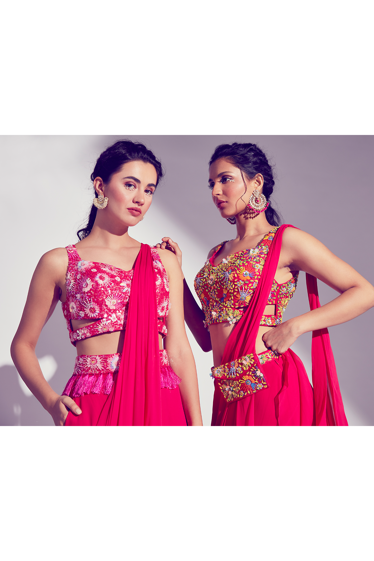 HOT PINK 3D SELF ON SELF EMBROIDERED CUT OUT BLOUSE WITH PRESTICHED TIERED PANTS SAREE & EMBROIDERED TASSEL BELT