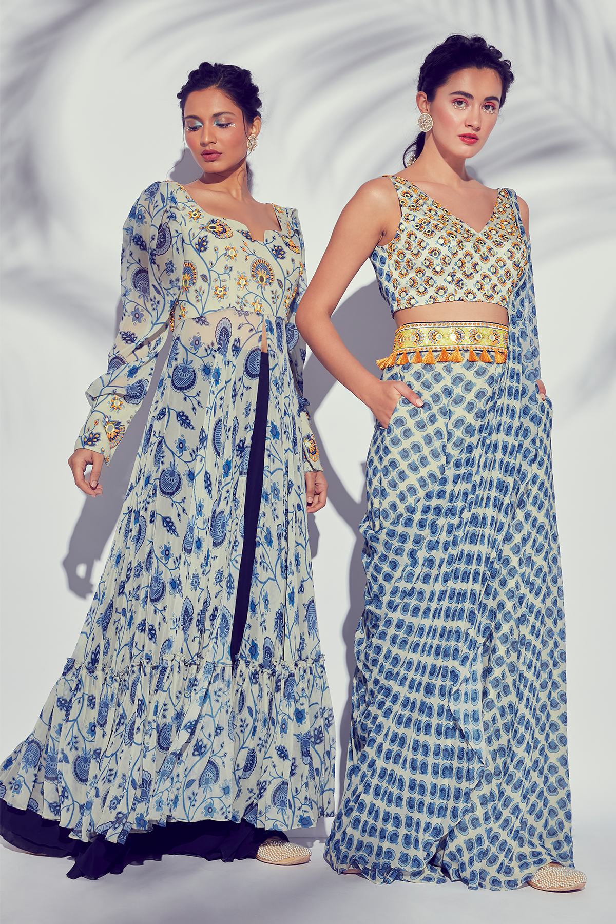 Blue Printed Butta Sharara Saree With V Neck Butta Embroidered Blouse & Embroidered Tassel Belt
