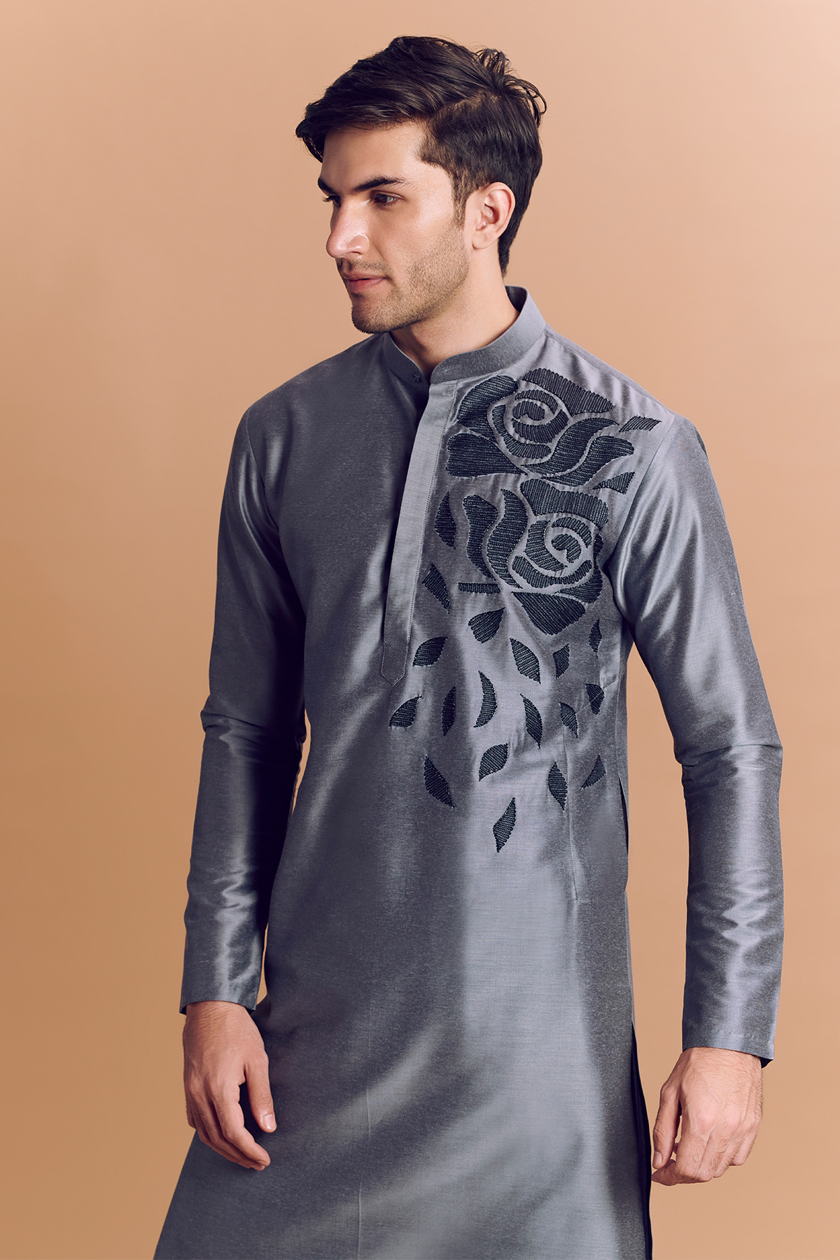 Grey Kurta With Rose Embroidery