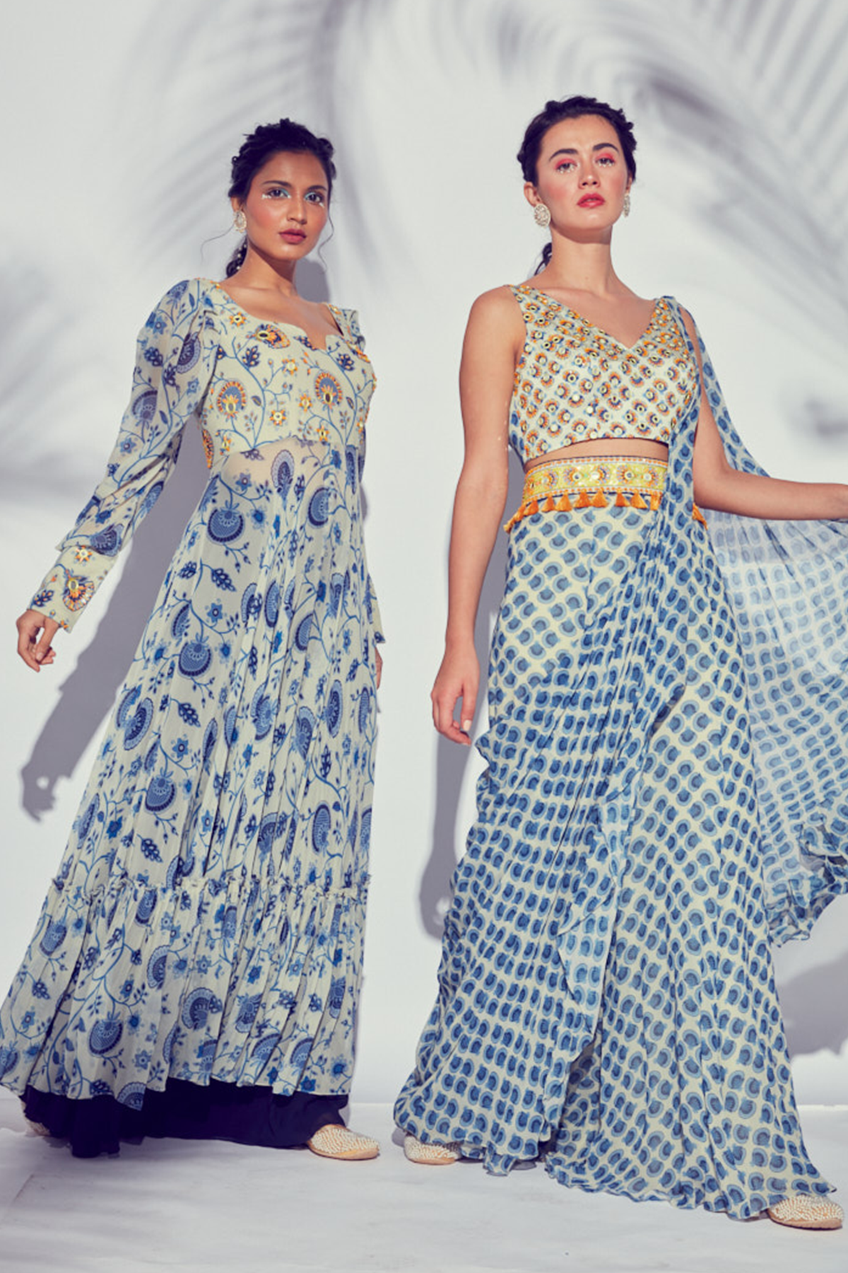 Blue Jaal Printed Slit Embroidered Anarkali With Plain Sharara